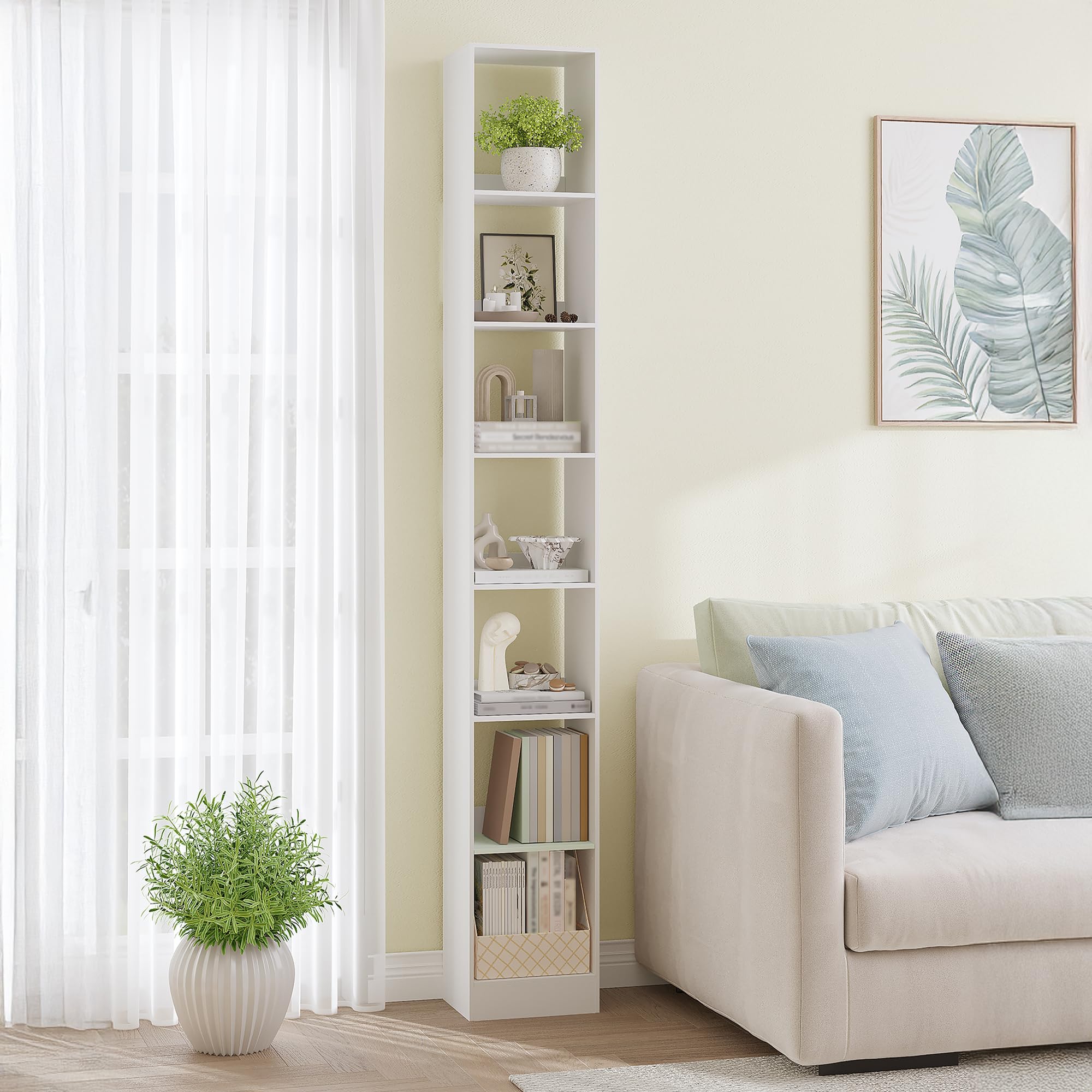 Hzuaneri Bookcase, Tall Narrow Bookshelf, White Wooden Bookcase with Open Storage Shelf, for Living Room, Home Office, B