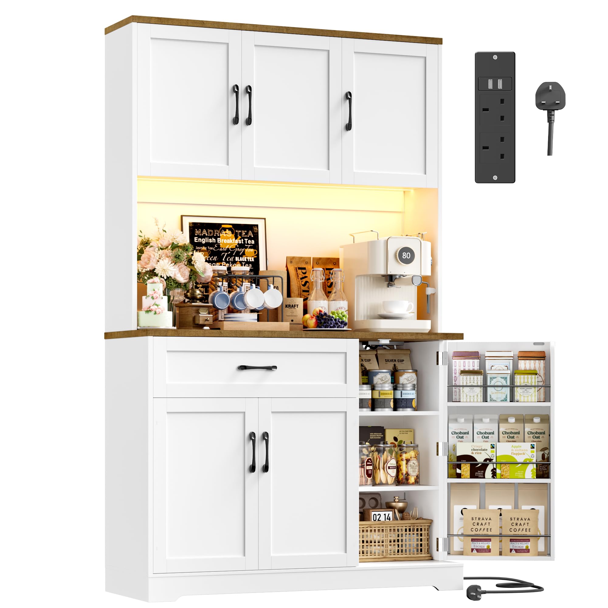 FirFurd Kitchen Cupboard Tall Kitchen Cabinets with LED & Power Outlet Sideboard Storage Cabinet wit