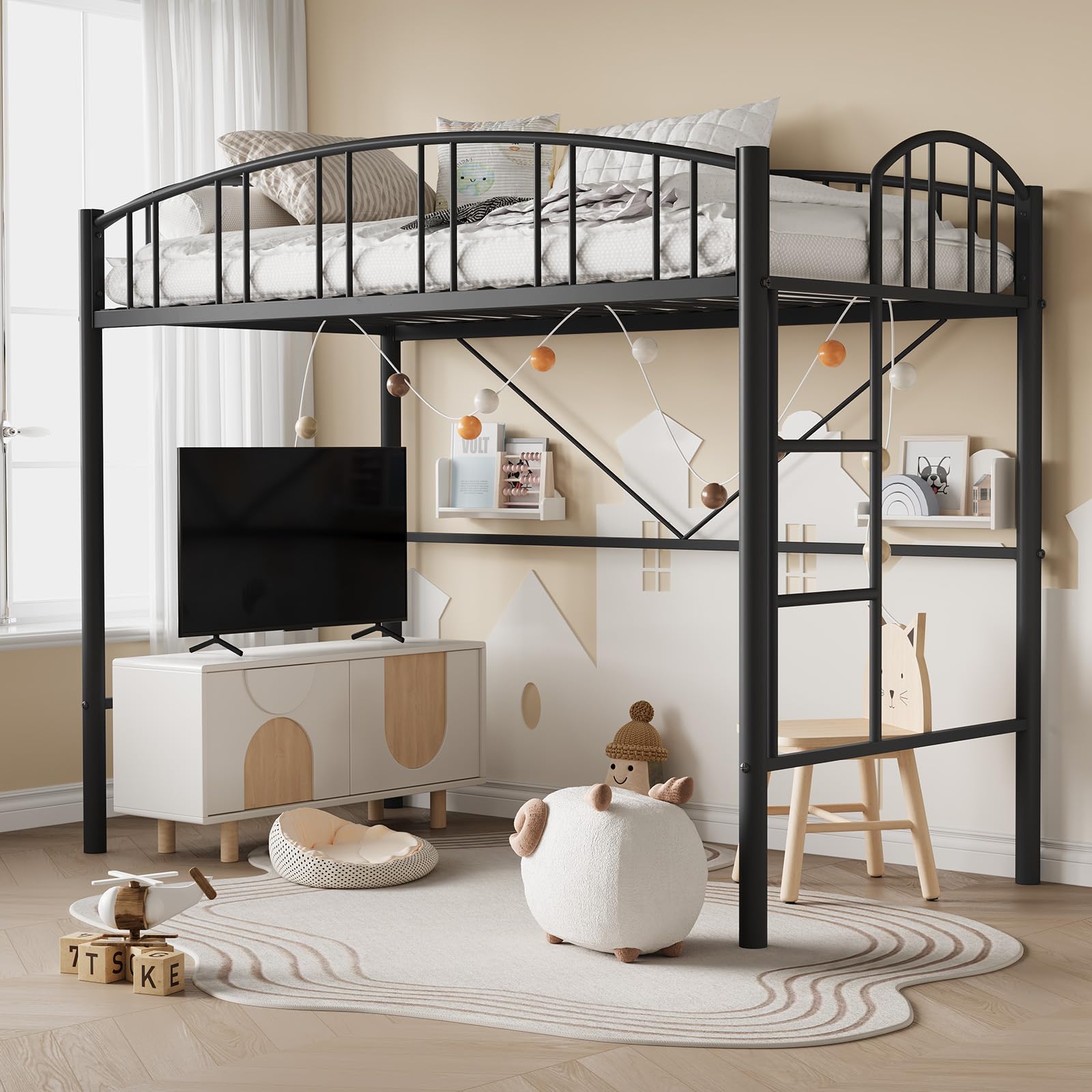GarveeHome Loft Bed Twin Size, Heavy Duty Metal Loft Bed Frame with Arched Guardrail and Safety Ladd