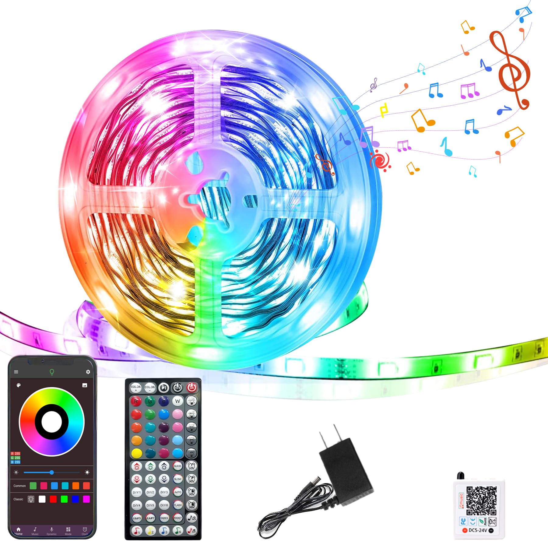 GANZQH Led Lights for Bedroom 50FT, RGB Led Strip Lights Color Changing Indoor, Music Sync Led Light Strip with Remote &