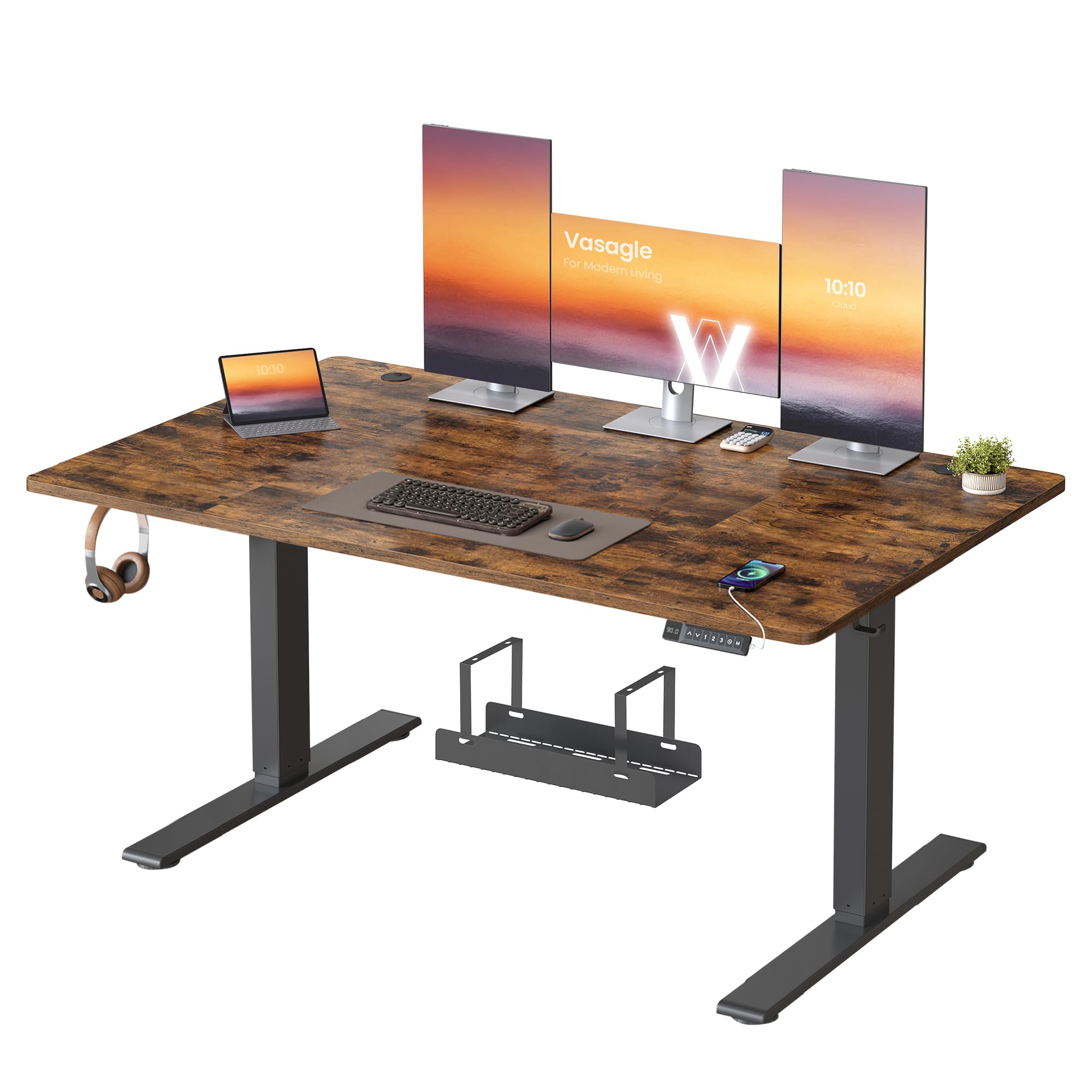 VASAGLE Electric Standing Desk, 140 x 80 cm, USB C Port, Cable Tray, Height Adjustable Desk, Sedenta