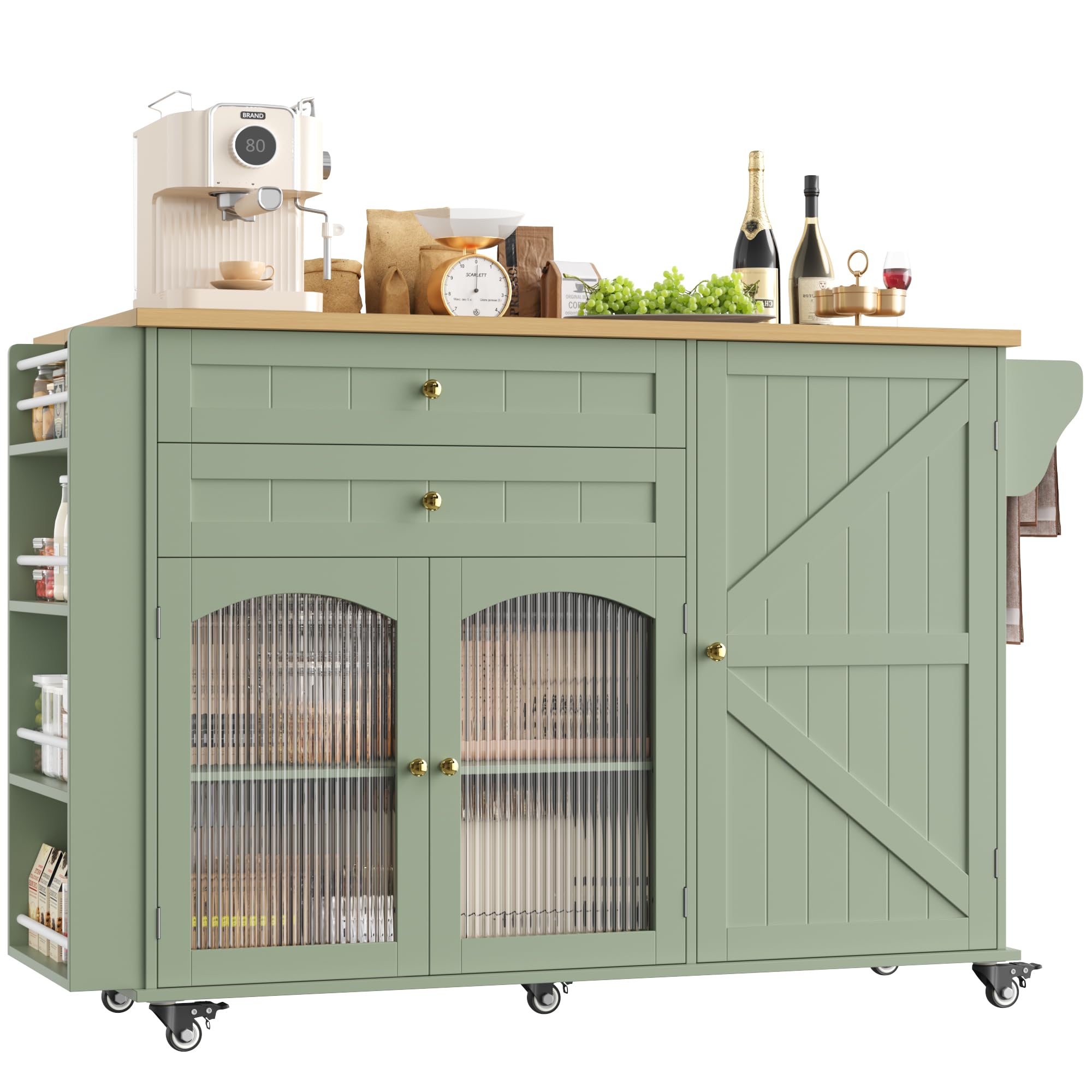 FINETONES Kitchen Island with Storage, Rolling Kitchen Island on Wheels with Wood Drop Leaf Countertop, Island Table Bar