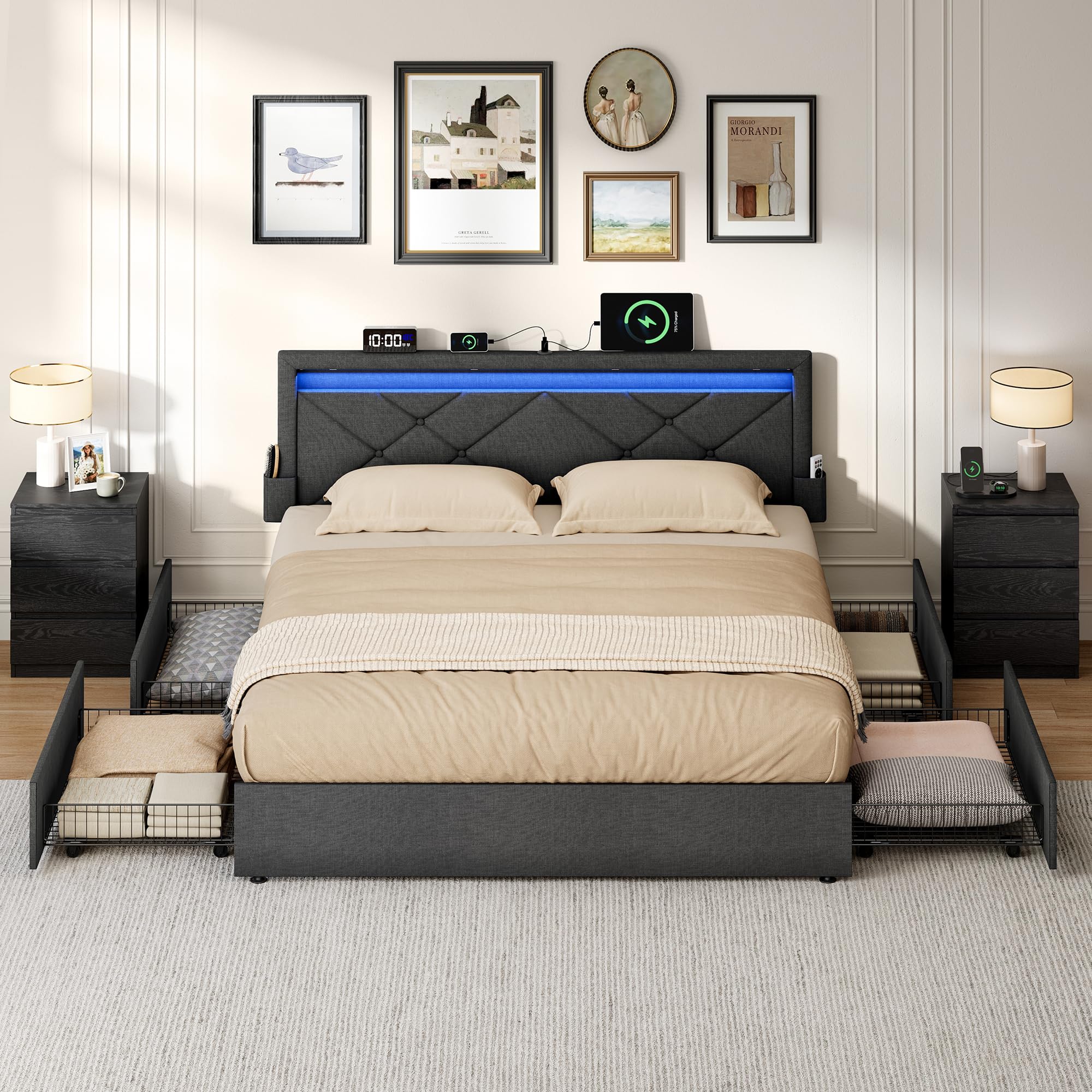 VASAGLE King Bed Frame with LED Lights, Adjustable Headboard, Platform Bed with Underbed Storage Drawers, USB-A and USB-