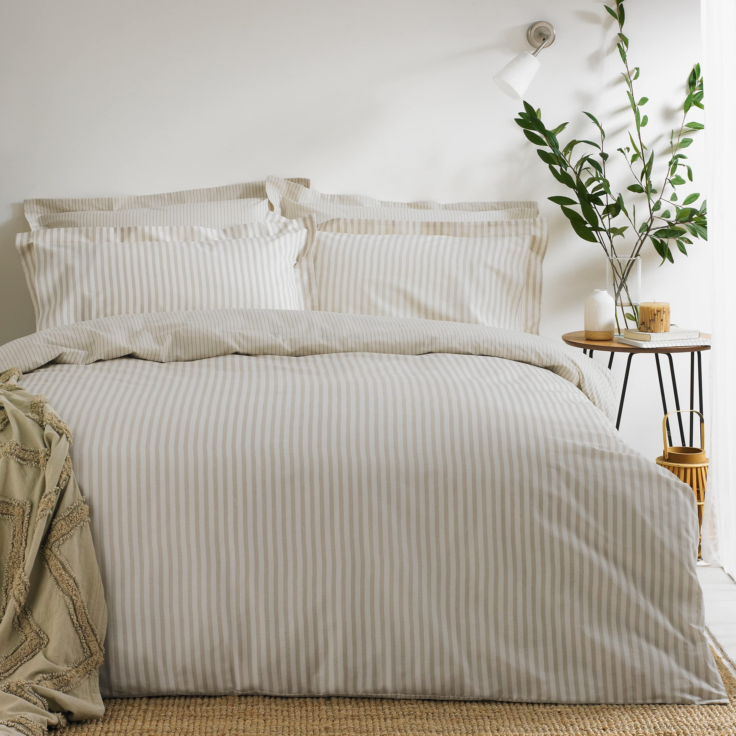 furn. Yard Hebden 100% Cotton Stripe Duvet Cover Set – Reversible Striped Bedding (Natural, King)