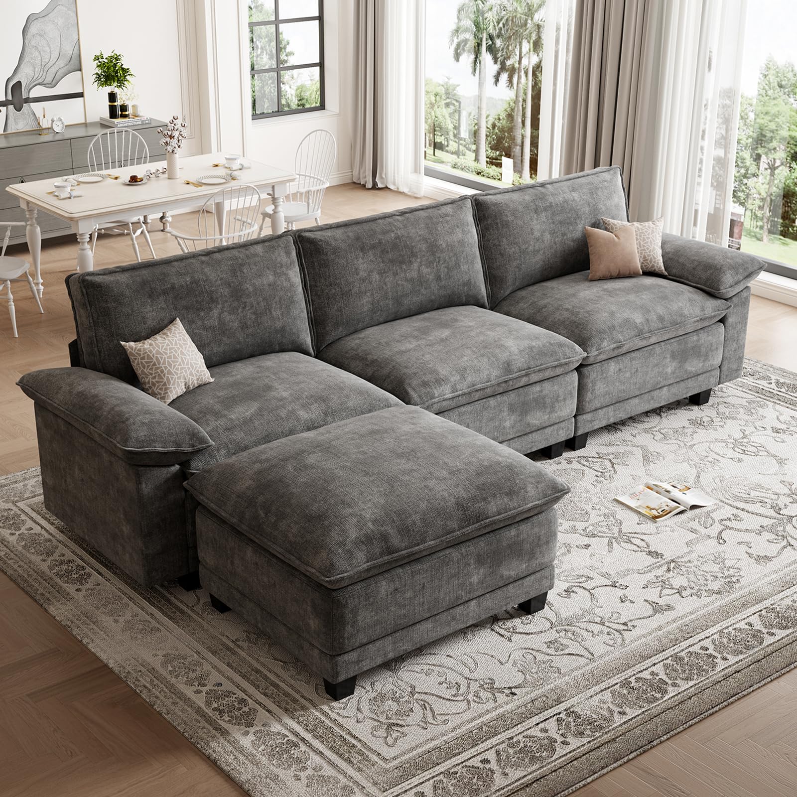 Modern L Shaped Sofa Couches for Living Room, Modular Sectional Cloud Couch with Movable Ottoman, Co