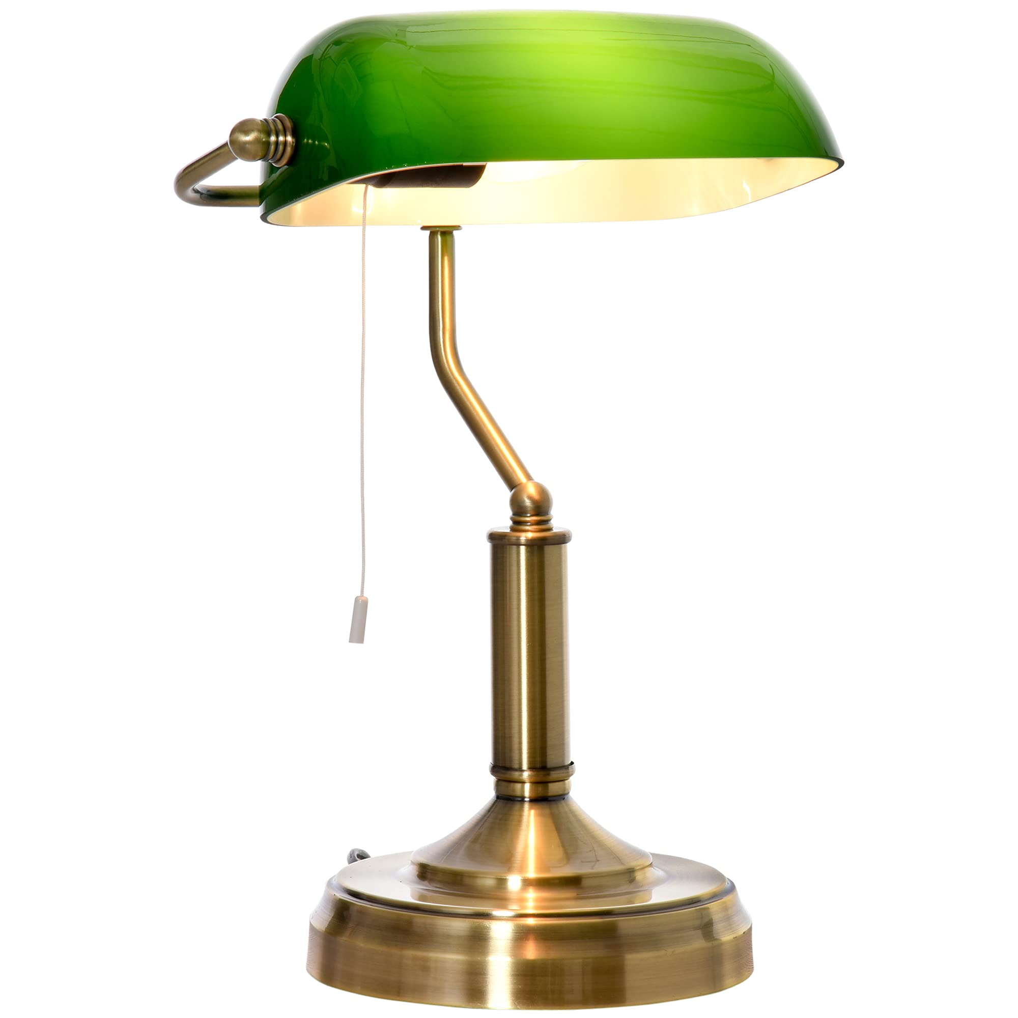HOMCOM Banker's Table Lamp Desk Lamp with Antique Bronze Tone Base, Green Glass Shade and Pull Rope Switch for Home Offi