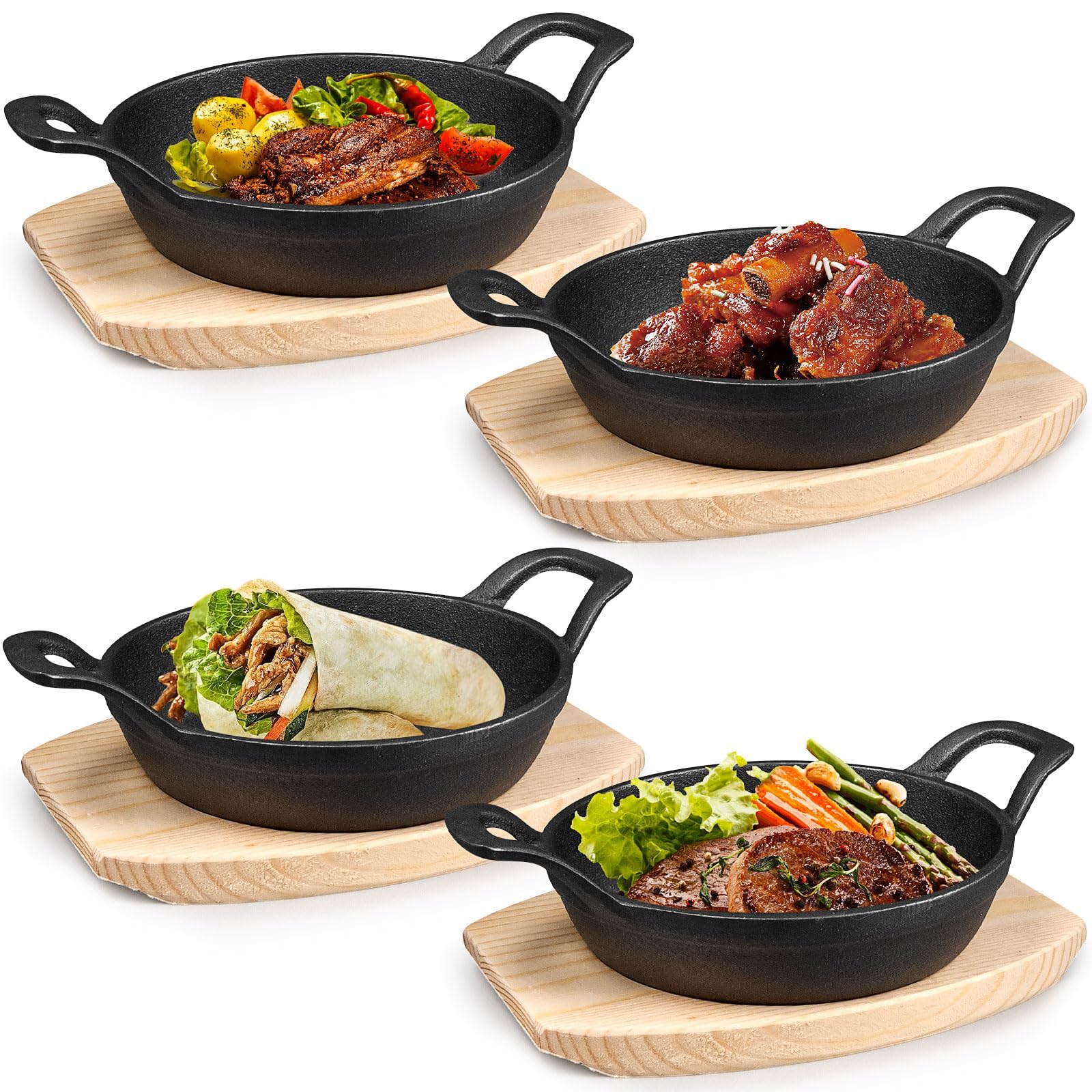 4 Set Mini Cast Iron Skillets, 16 cm Small Cast Iron Pan with Wooden Board, Round Ironed Serving Plates with Handles, Gr