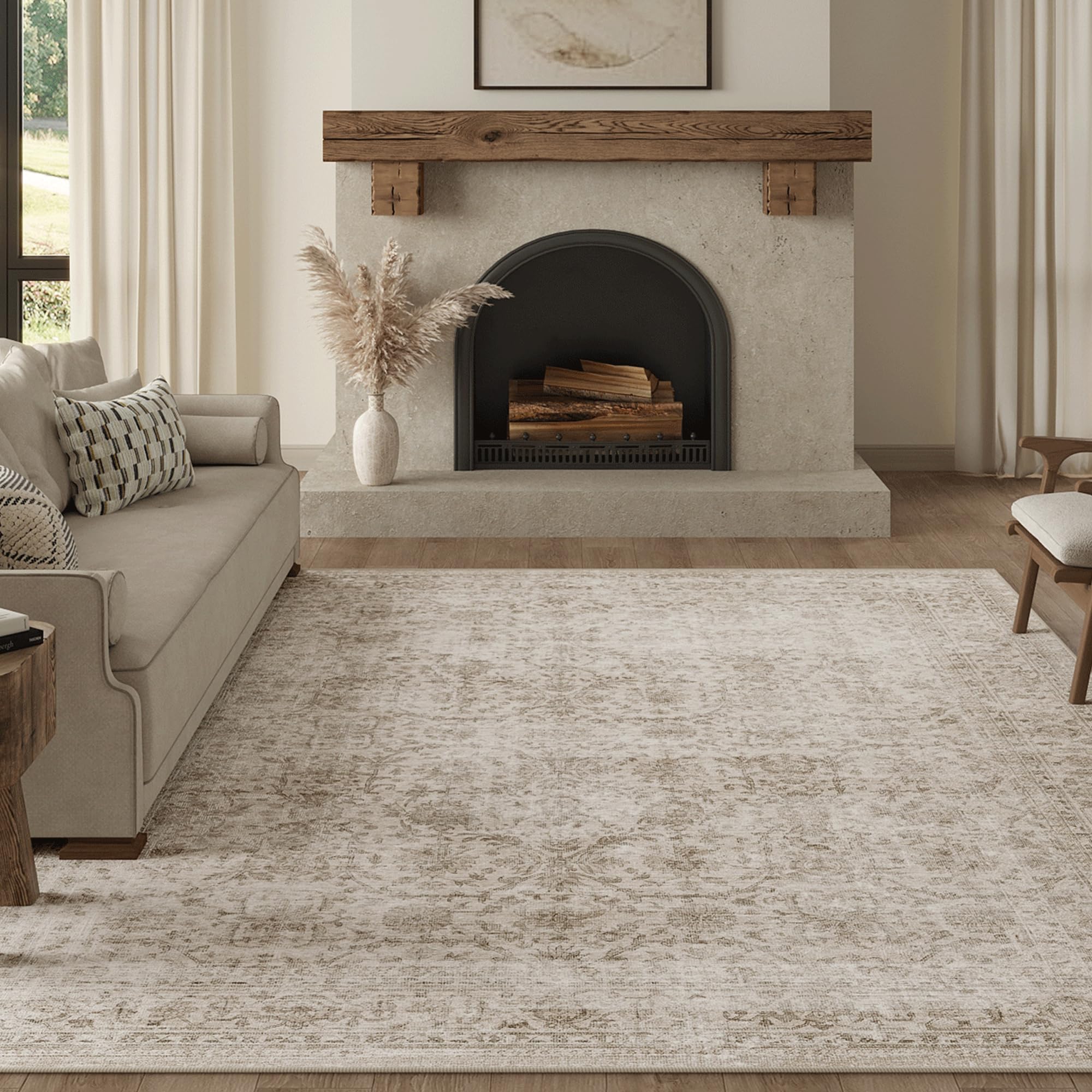 Beauoop Washable Area Rug Beige Vintage Neutral Distressed 200x300 cm Large Non Slip Carpet for Livi