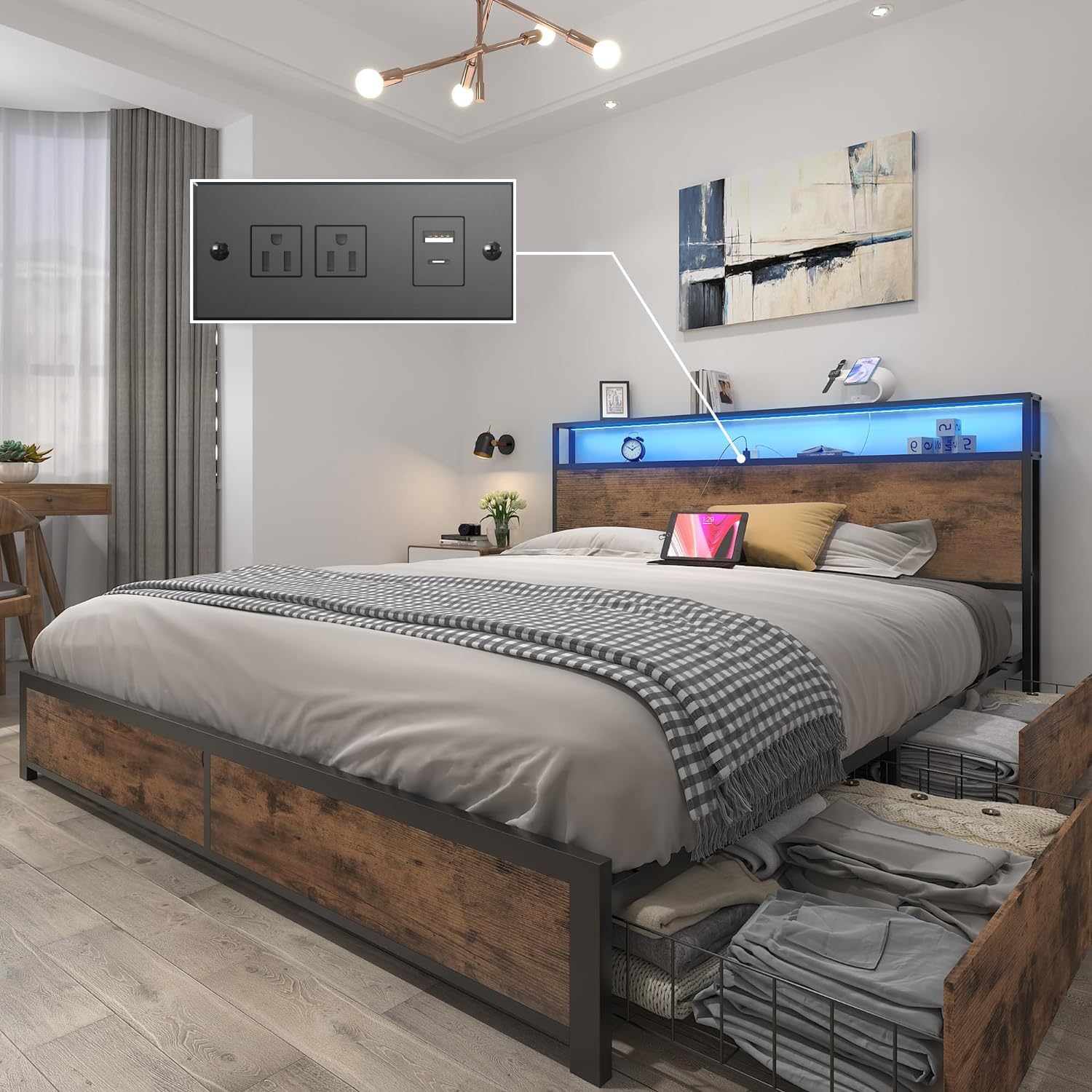 Lifezone Queen Bed Frame with 2-Tier Storage Headboard, Metal Platform Bed Frame with 4 Storage Drawers, Built in Chargi