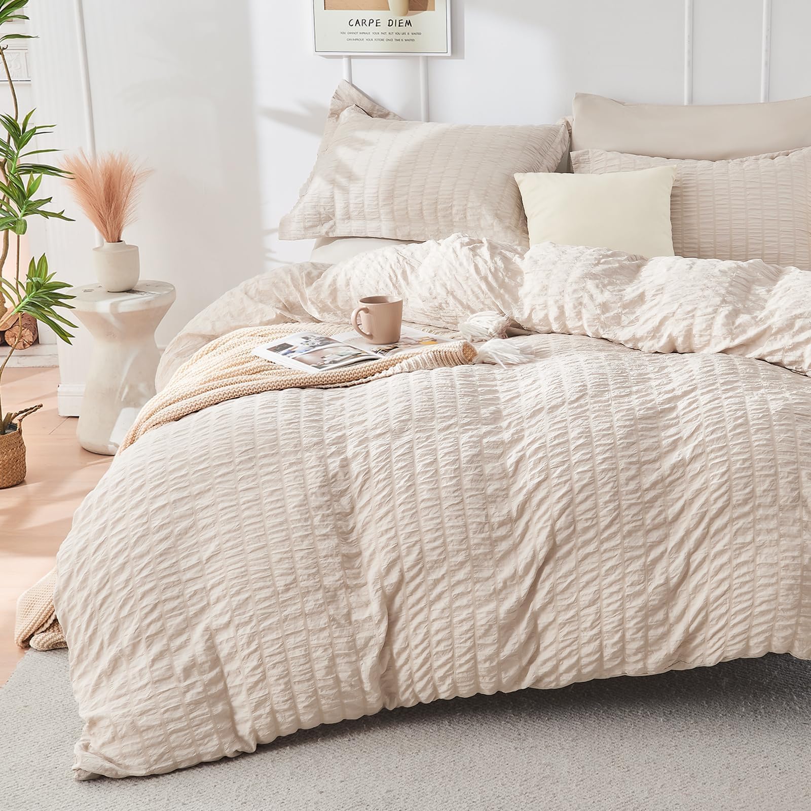 HYMOKEGE Beige Duvet Cover Queen Size, Ultra Soft 3-Piece Seersucker Duvet Cover Set with Zipper Clo
