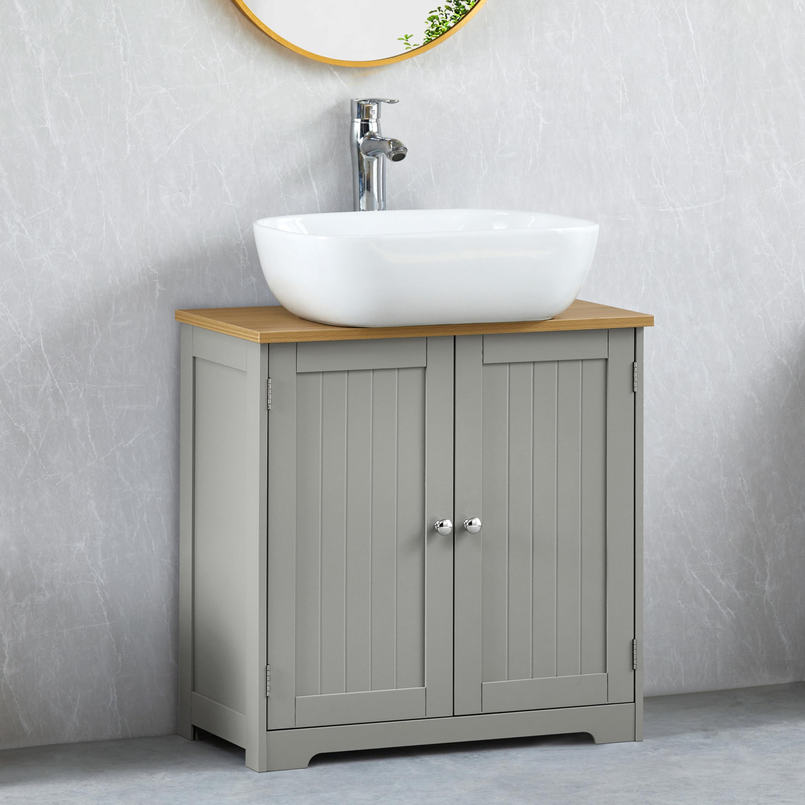 Bath Vida Priano 2 Door Under Sink Cabinet | Grey & Oak | 60 H x 60 W x 30 D cm | Adjustable Shelf Space | Freestanding