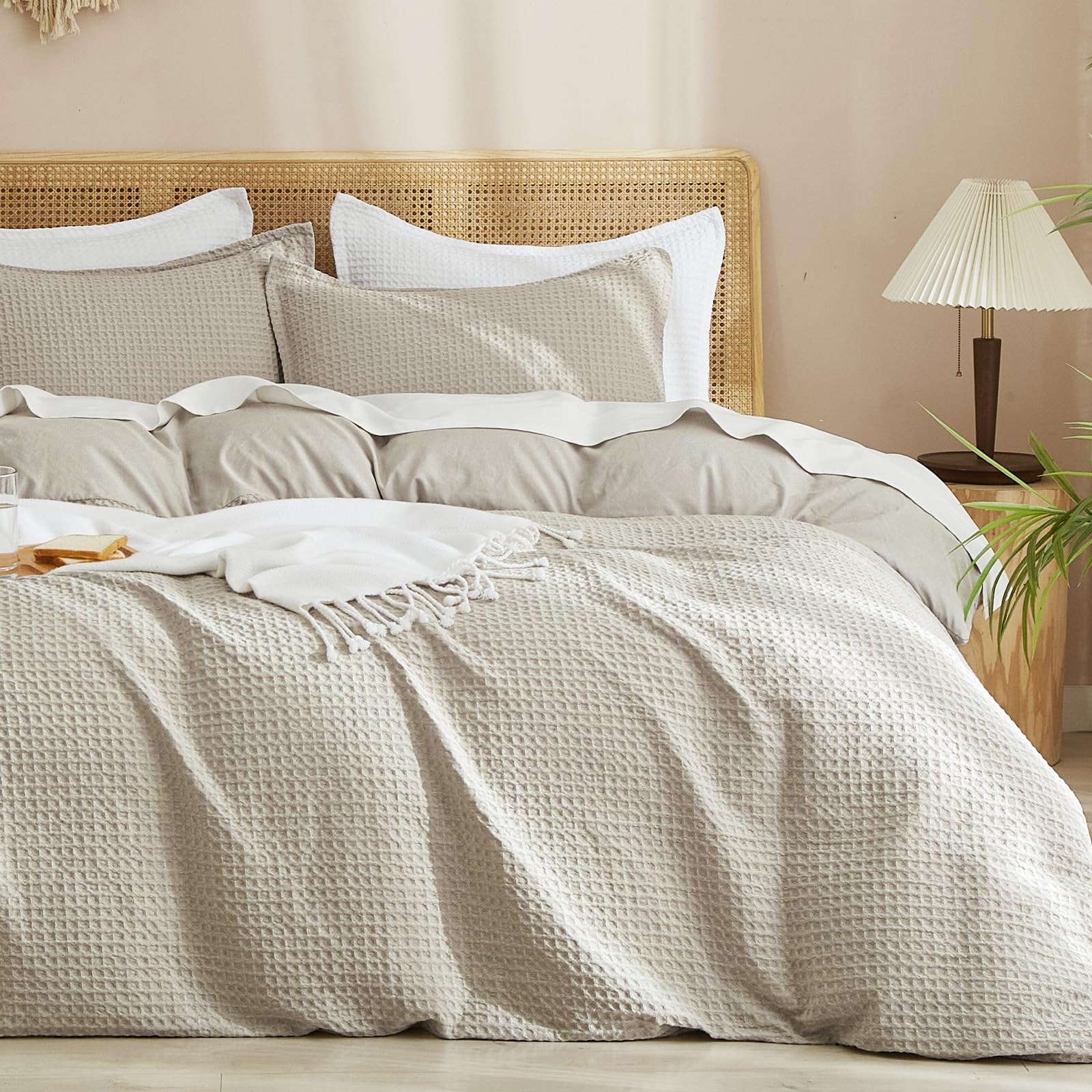 PHF Waffle Weave Duvet Cover Set Queen Size, No Snagging Ultra Soft Luxury Textured Breathable Comfo