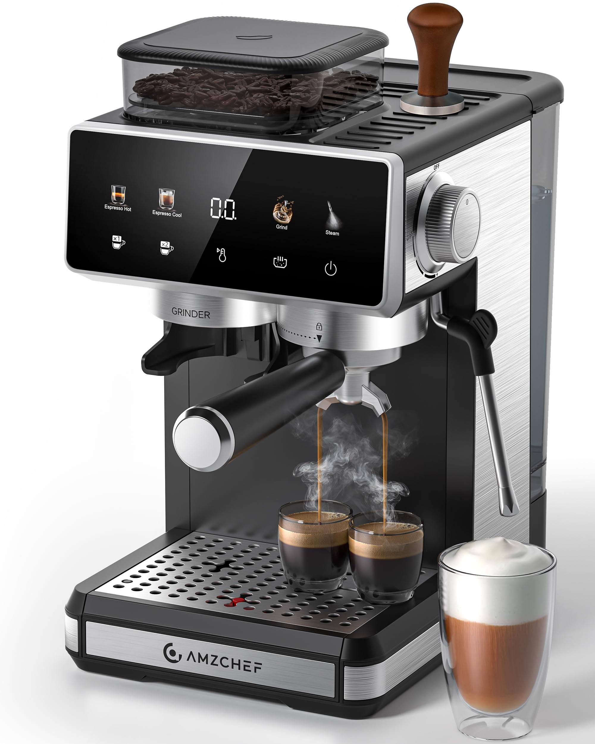 AMZCHEF Espresso Machine with Grinder, 3 Temp 197-205℉ Professional Espresso Machine, 3-10s Pre-Infusion, 20 Grind Setti