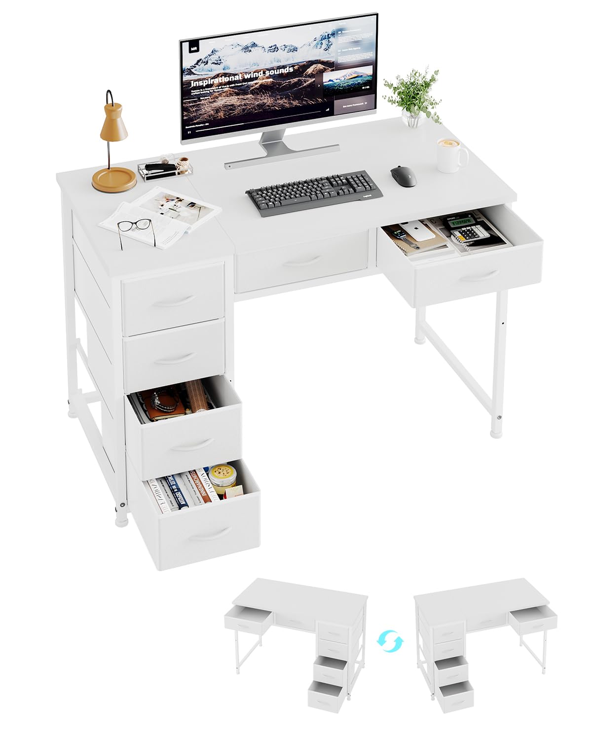 MUTUN 100x48 cm Desk, Small Computer Desk with 6 Fabric Drawers, Reversible Home Office Desk with Ad