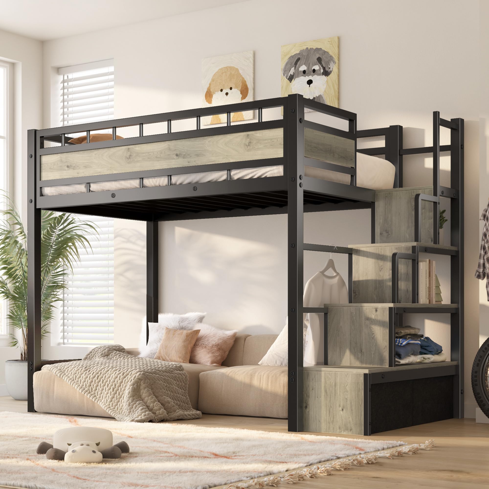 Twin Loft Bed with Stairs, Heavy Duty Metal Loft Bed with Storage and Under-Bed Space, More Stable a