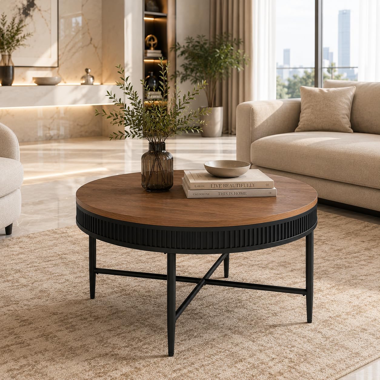 طاولة قهوة من ماريا هومز، مصنوعة من خشب ومعدن، باللون البني، بأبعاد 45 × 80 × 80 سم