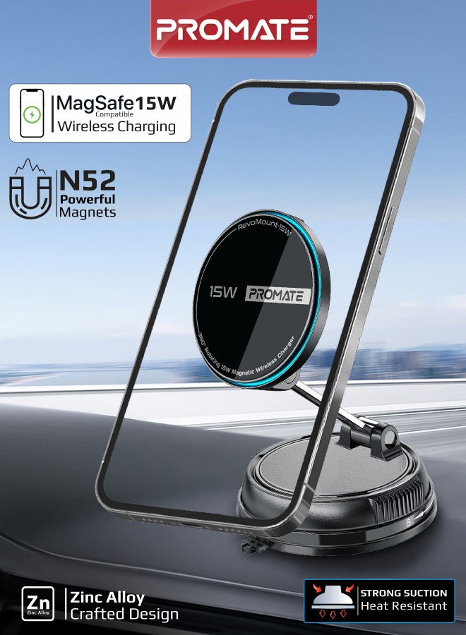 PROMATE RevoMount 15W Fast Wireless Charger Mount, MagSafe-Compatibility, Magnetic Car Phone Holder with 360° Rotation,