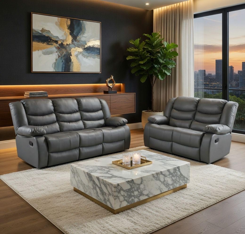 MNS Leather Recliner Sofa with Cupholders - 3+2 Seater Sofa - Grey (Full set 3+2)