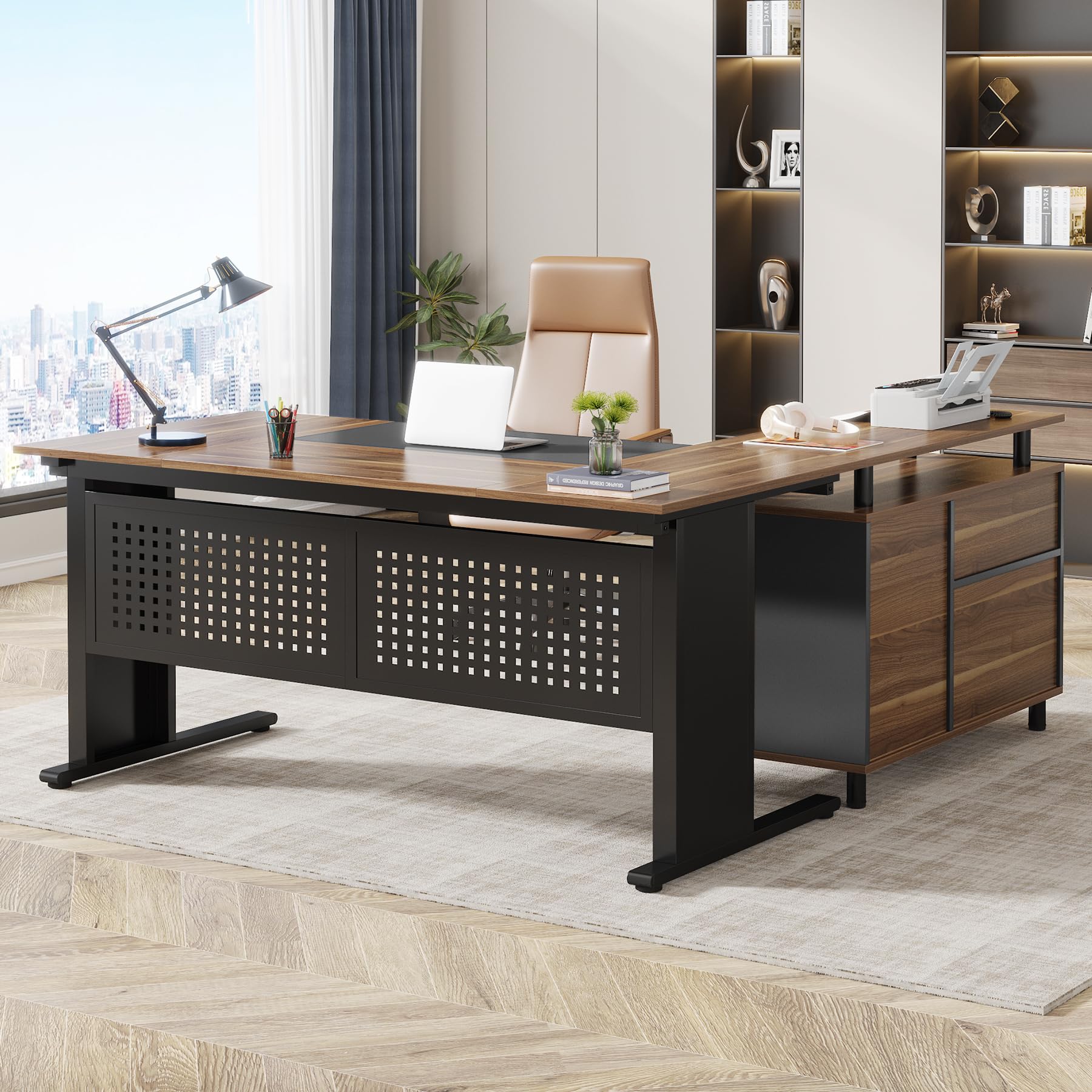 Tribesigns 63 Inch Executive Desk with File Cabinet, Large Office Desk L Shaped Computer Desk with Drawers and Storage S