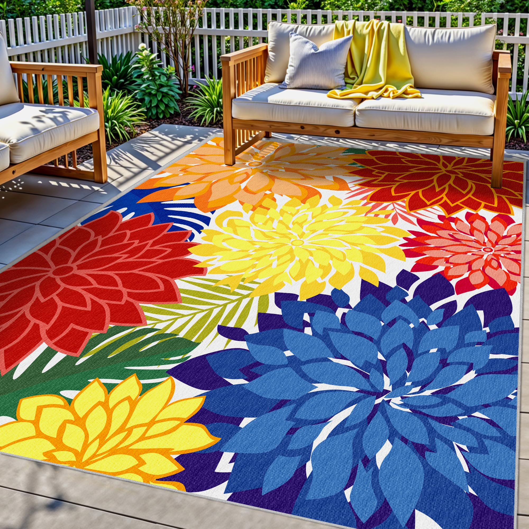 Colorful 5x8 Outdoor Area Rug Washable Multicolored Patio Rug Tropical Botanical Floral Chenille Wat