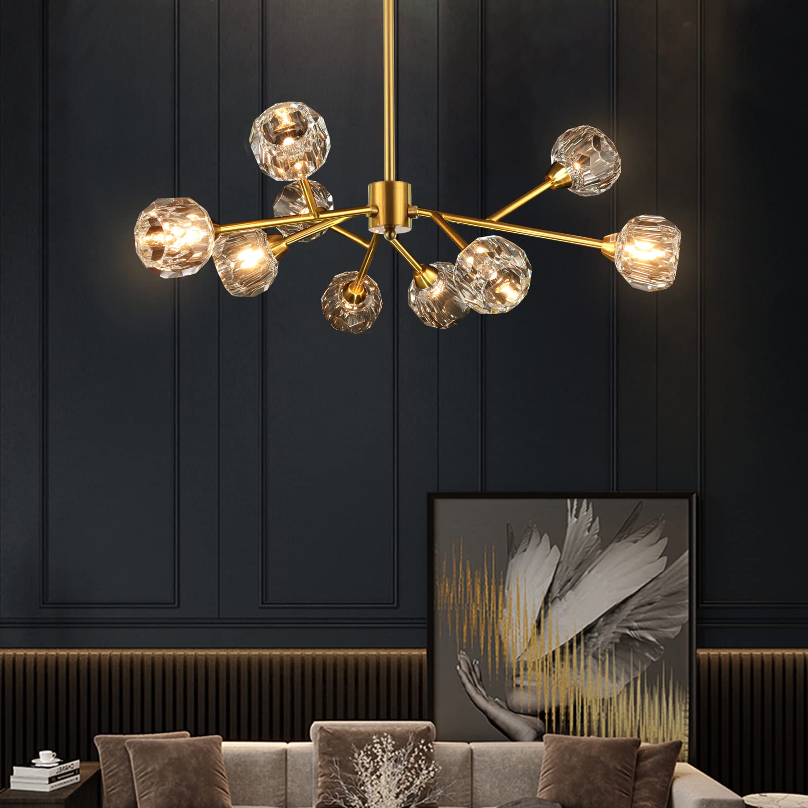 Weesalife Sputnik Chandeliers for Dining Room Light Fixture Over Table, Modern Crystal Chandeliers, 9 Lights Gold Lighti