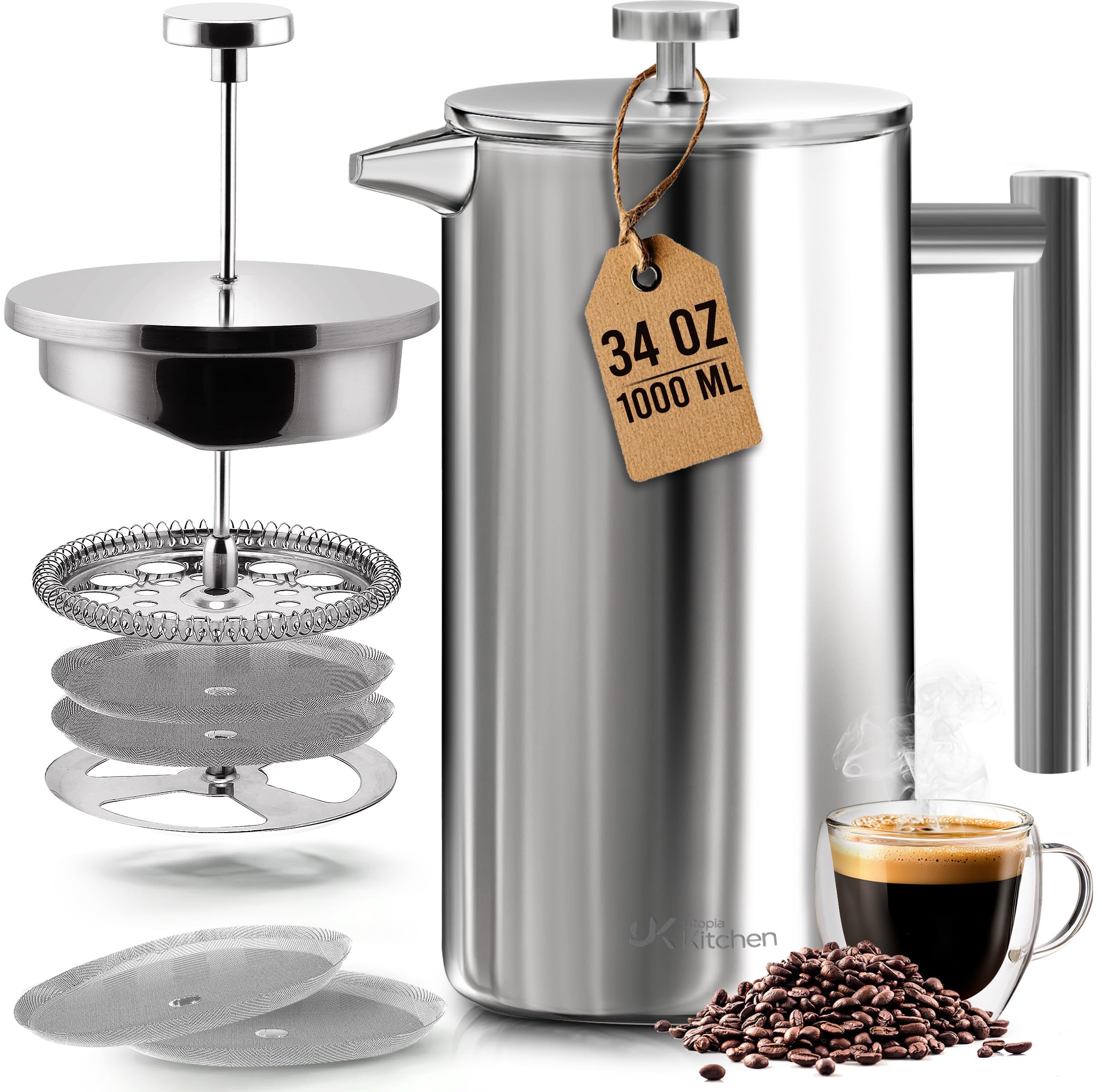 Utopia Kitchen 304 Grade Stainless Steel French Press Coffee Maker 34 Oz, Double Wall Insulated Coff