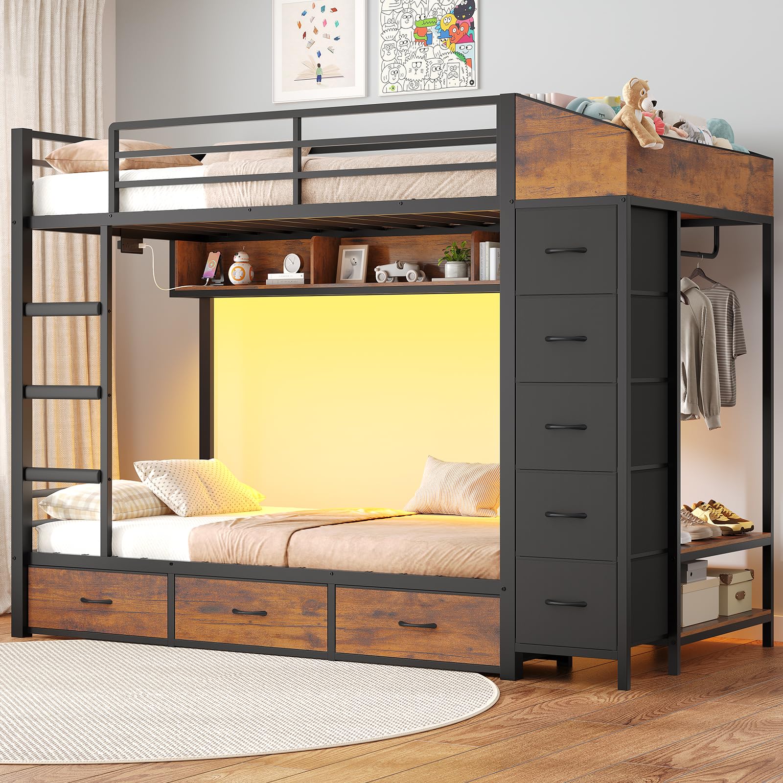 VIAGDO Bunk Bed Twin Over Twin with 8 Storage Drawers and Power Outlets, LED Twin Bunk Beds with Hal