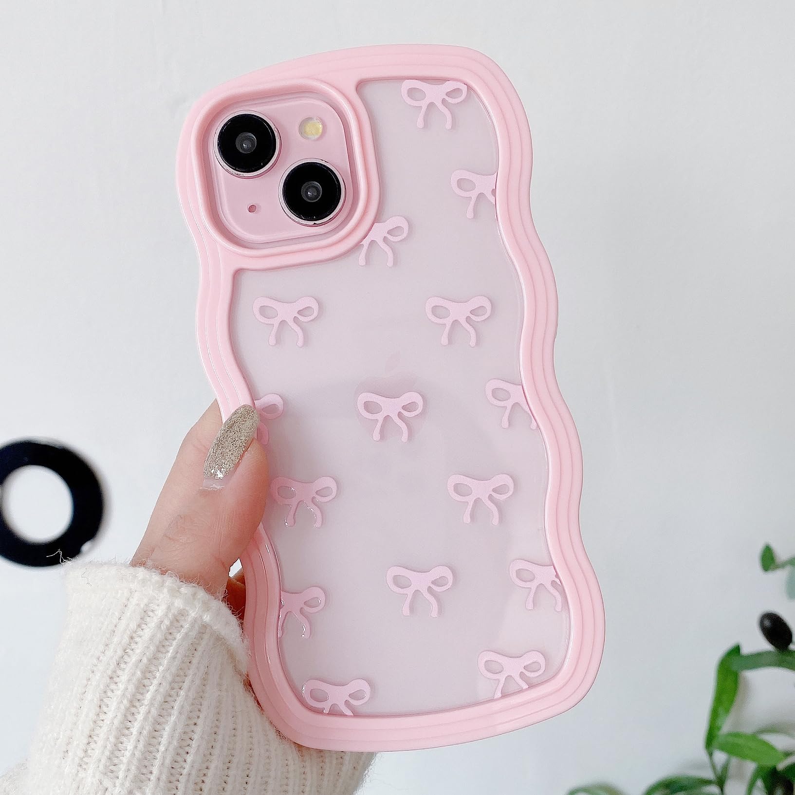 QLTYPRI Bow Case for iPhone 13/iPhone 14, Clear Cute Ribbon Bow Phone Case Curly Wavy Aesthetic Phone Case, Slim Soft Tr