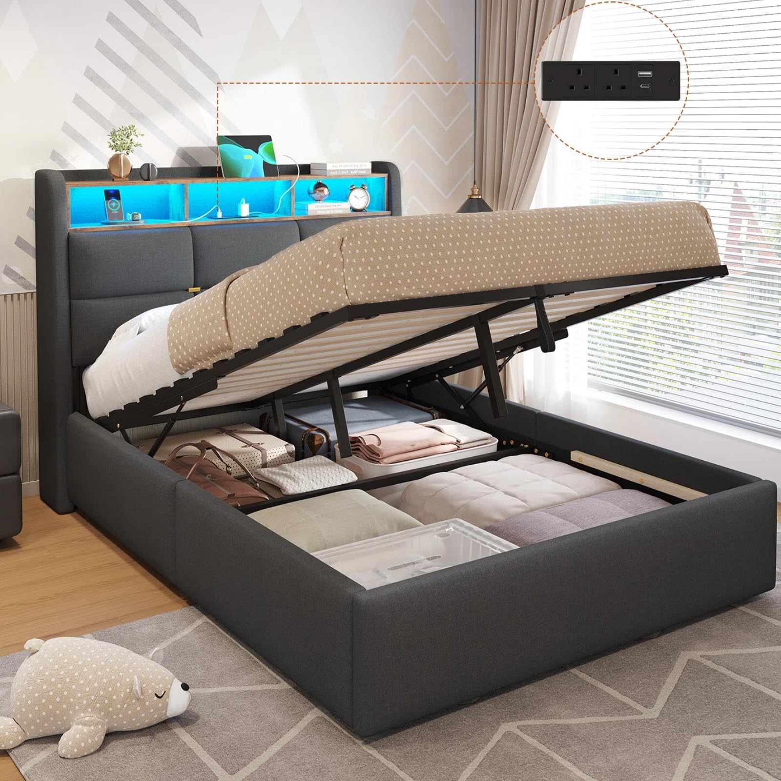 DICTAC Small Double Ottoman Bed Frame with Hydraulic Storage, Charging Station and Led Lights 4ft Upholstered Platform B