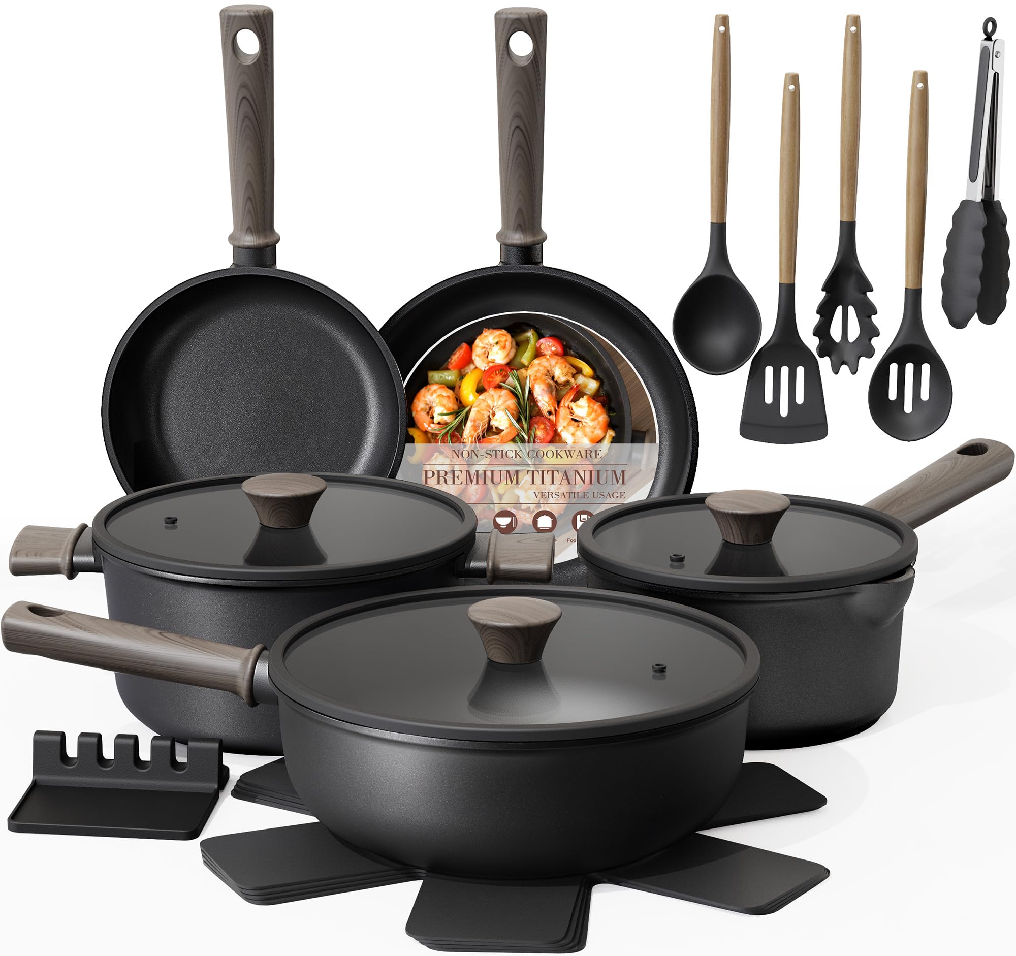 Astercook 19 Pcs Pots and Pans Set Non Stick, Black Titanium Induction Kitchen Cookware Sets, Non to