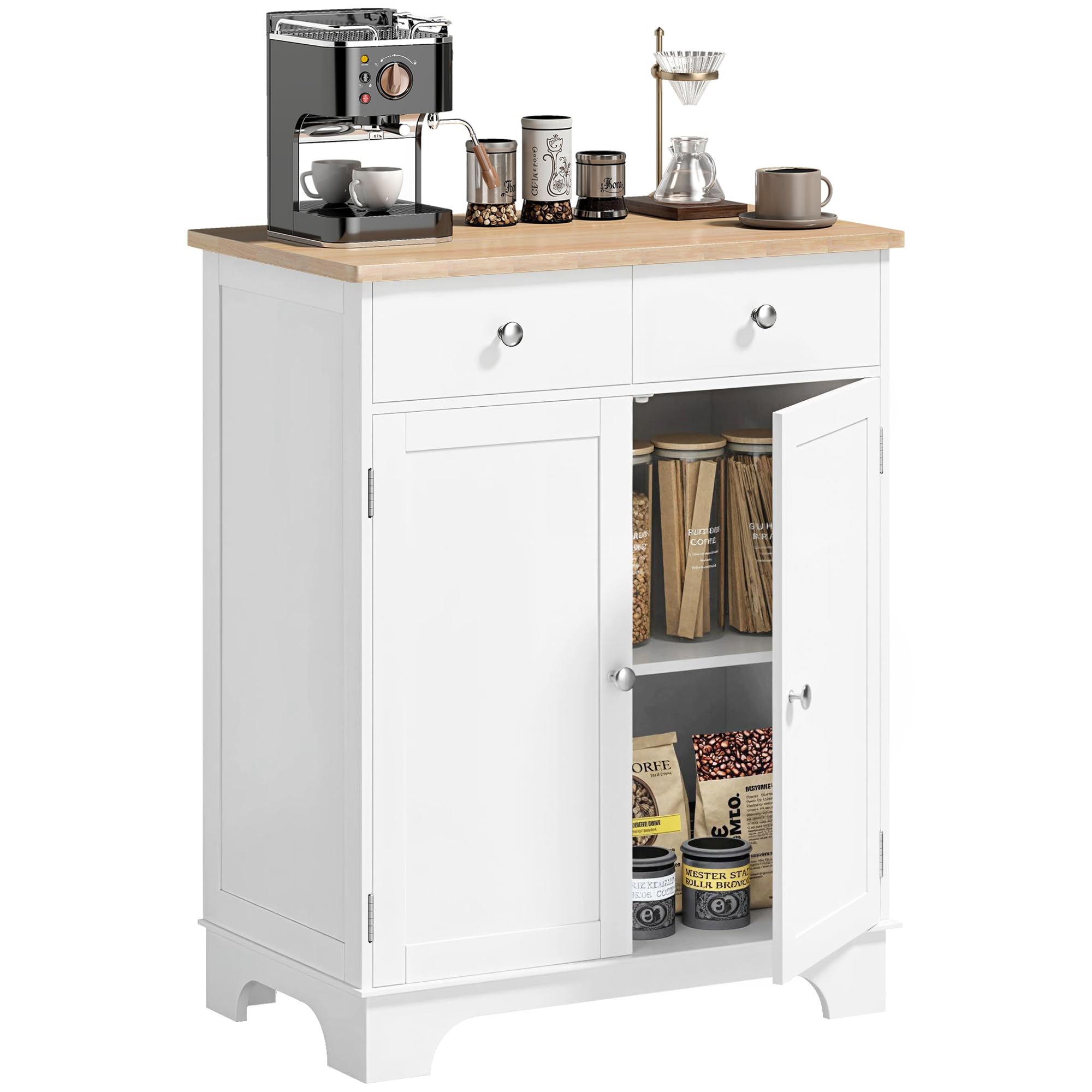HOMCOM Kitchen Floor Cabinet Side Storage Cupboard Multi-use Sideboard Table with Solid Wood Top, Ad