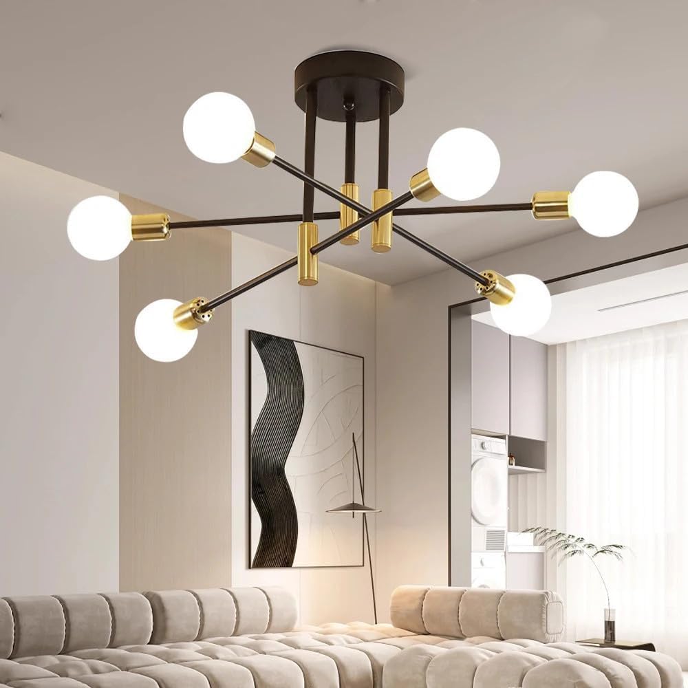 Comely Chandelier Sputnik Ceiling Light, 6 Lights E27 Black Gold Modern Chandelier, Semi-Flush Mount Ceiling Lamp Vintag