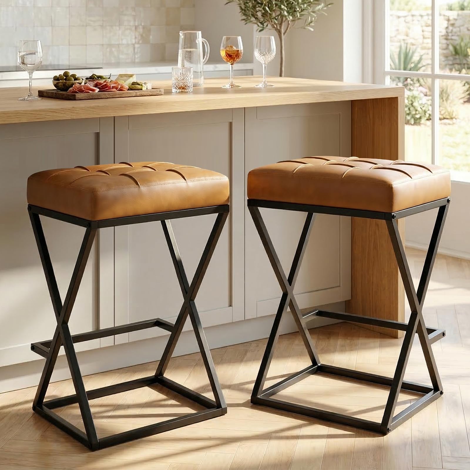 26 Inch Counter Height Bar Stools Set of 2, Backless Bar Stools for Kitchen Island, Faux Leather Upholstered Seat Modern