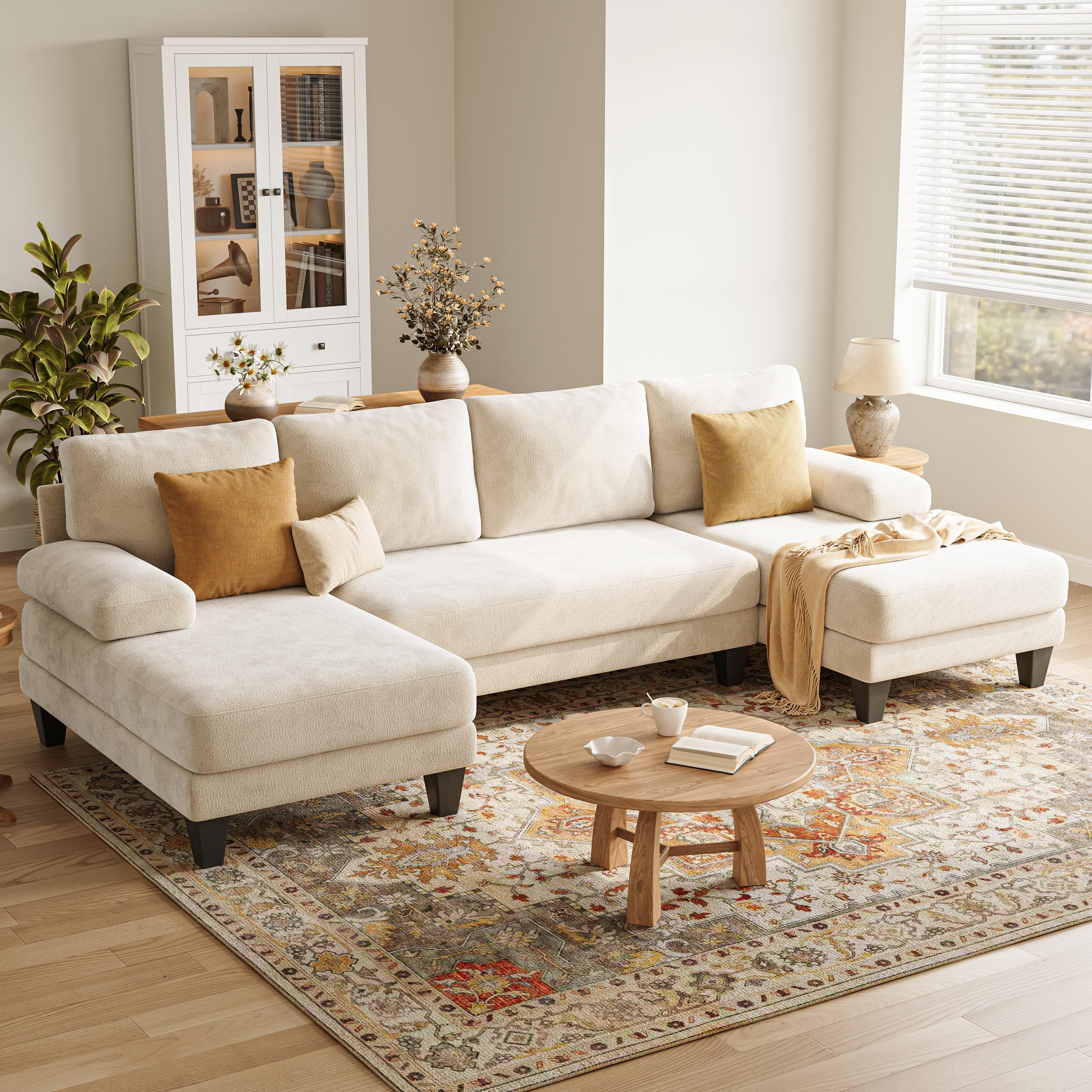 U-Shaped Sectional Couches for Living Room | 112 Inch Modern Sectional Couch | Warm White Chenille Sofa with Double Chai