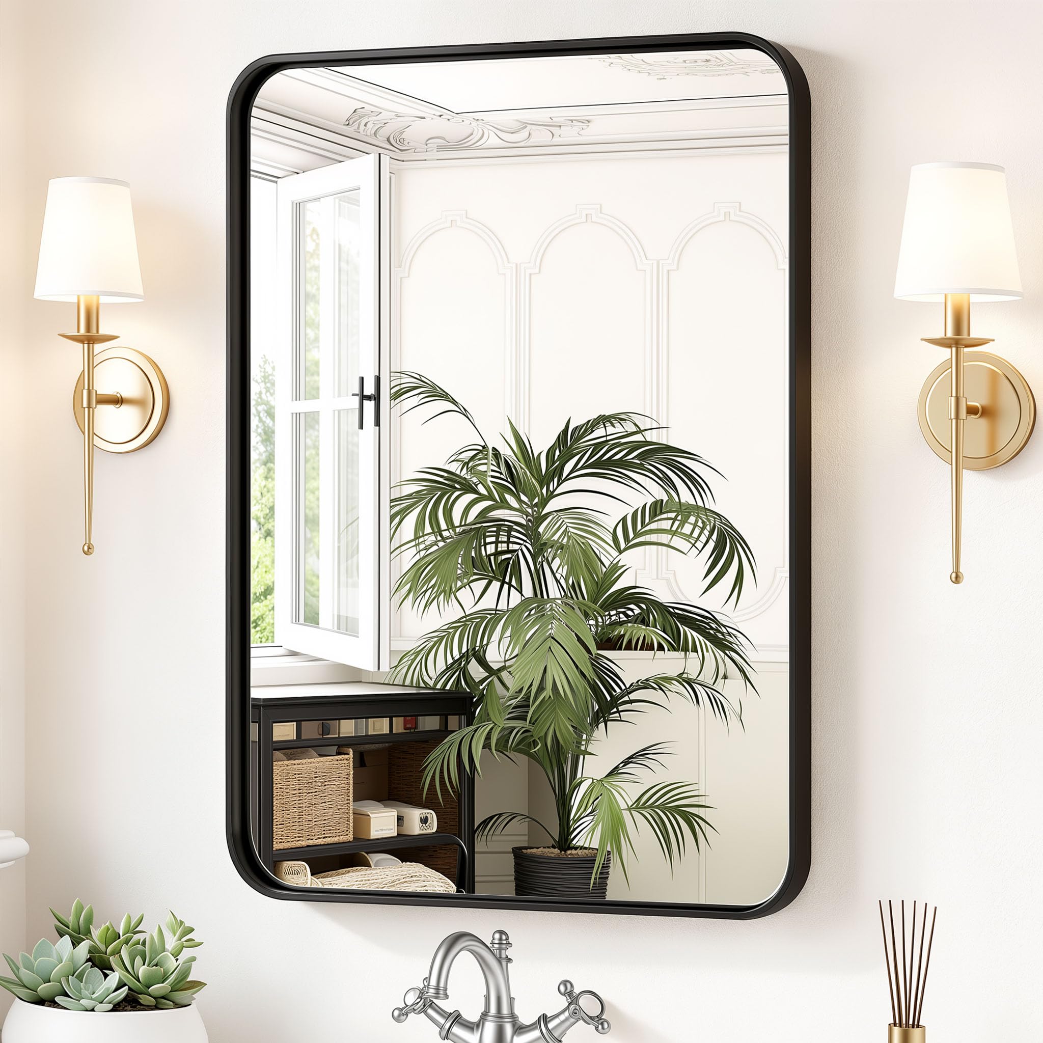 Sweetcrispy Bathroom Wall Mirror, 36x24 Inch Wall Mount Mirror for Over Sink, Modern Rounded Rectang