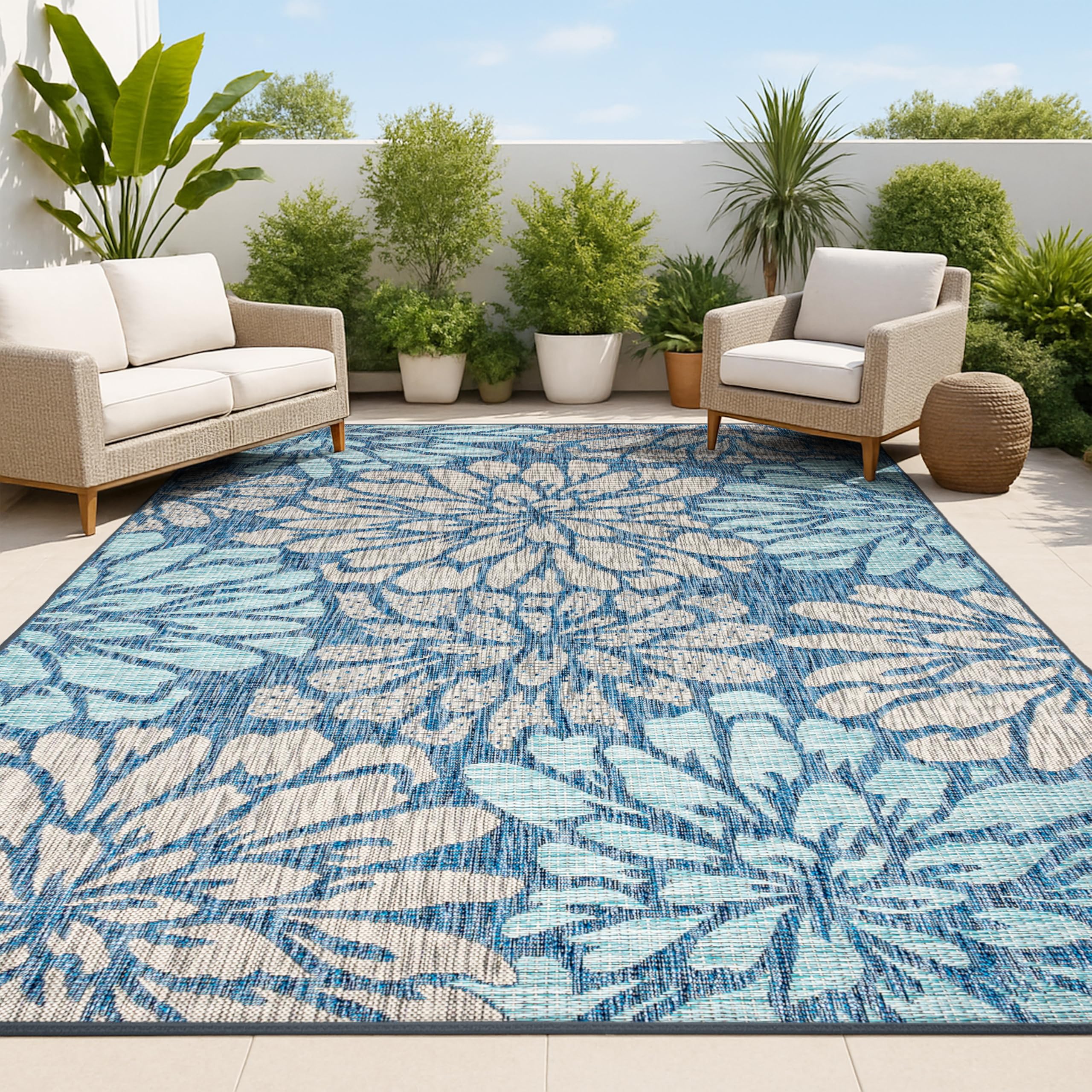 JONATHAN Y Floral Textured Weave Indoor Outdoor Area Rug 8X10 Navy/Aqua, Zinnia Modern for Backyard, Patio, Porch, Easy-
