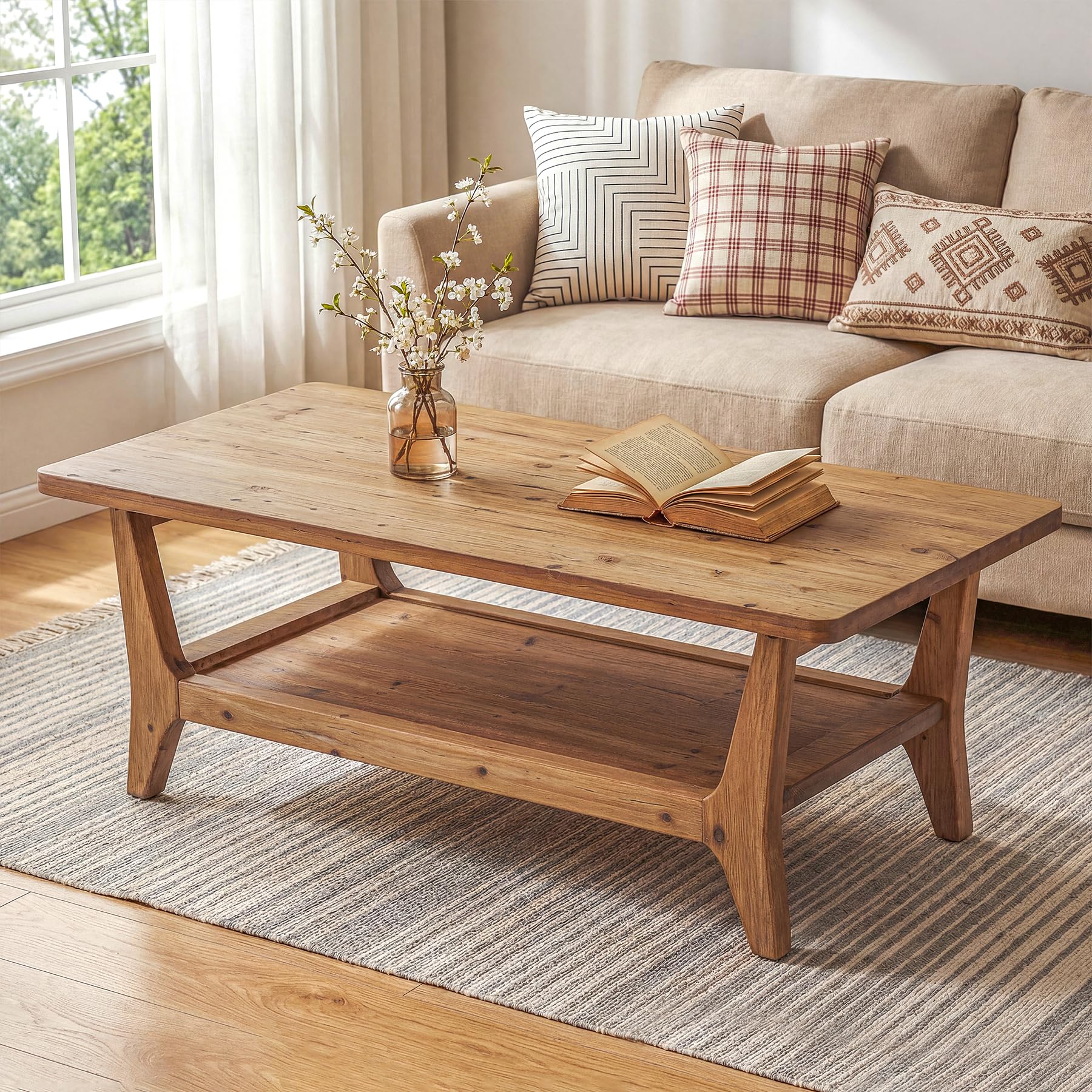 LITTLE TREE Solid Wood Coffee Table, 47-Inch Living Room Center Table with Shelf, 2-Tier, Smooth Corners, Lightweight, E