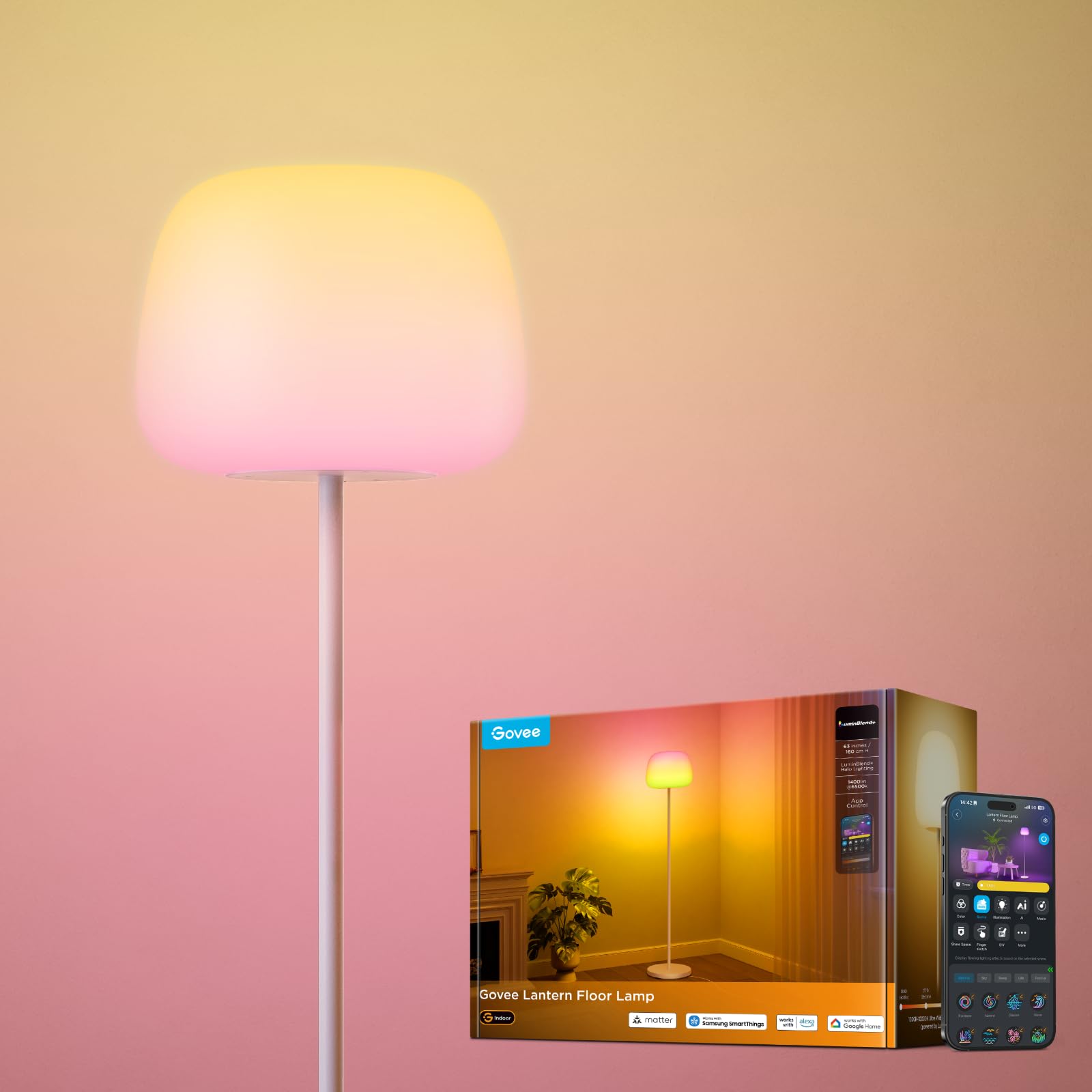 Govee Lantern Floor Lamp, Halo Gradient RGBIC Smart Corner Lamp with LuminBlend+, 1000K-10000K, Matt
