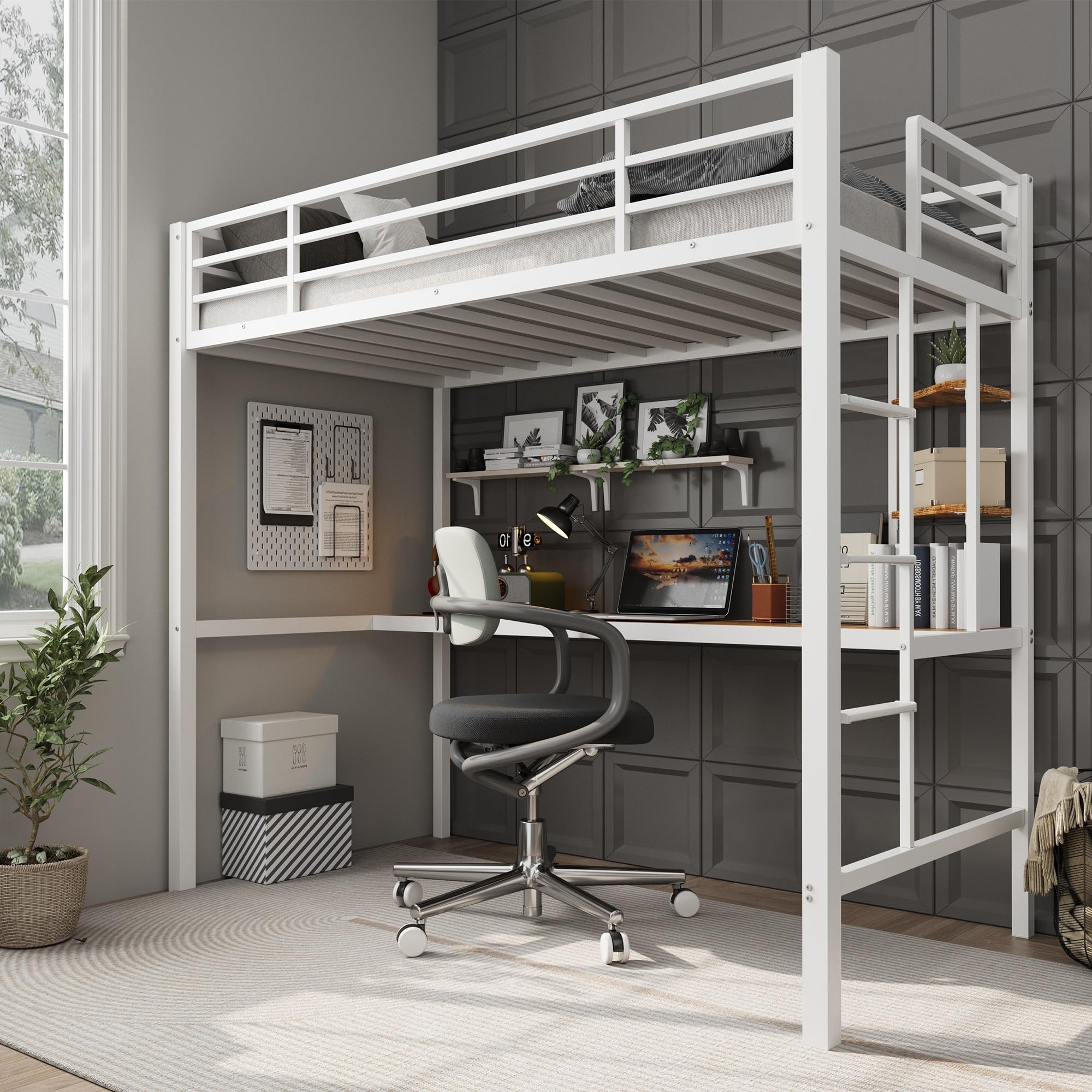 Garvee Twin Size Loft Bed with Large Desk and Storage Shelves, Heavy Duty Metal Loft Bed with Safety