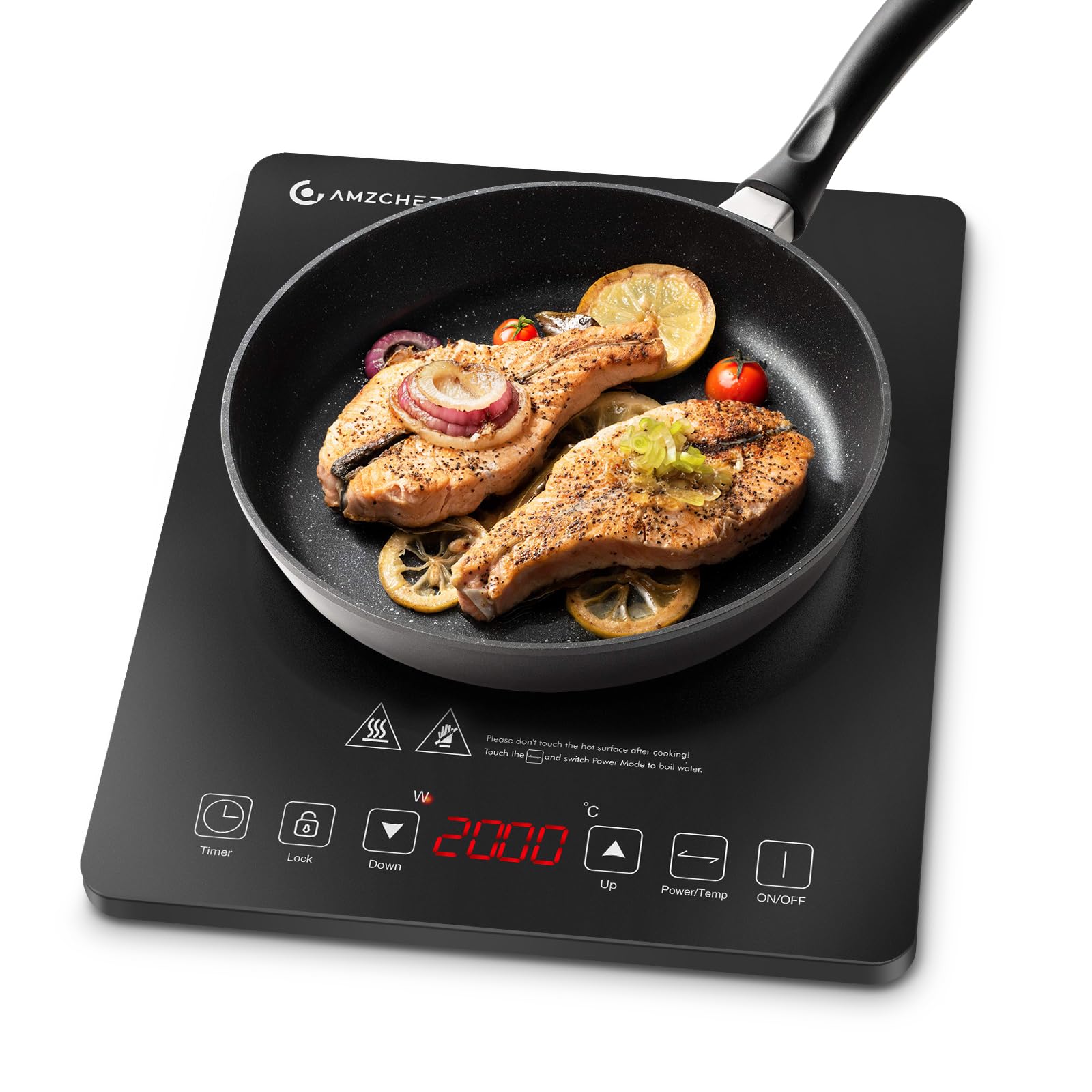 AMZCHEF Single Induction Hob, Portable Induction Hob with Slim Design of 4.45cm, 20 Power Levels and 20 Temperature Sett