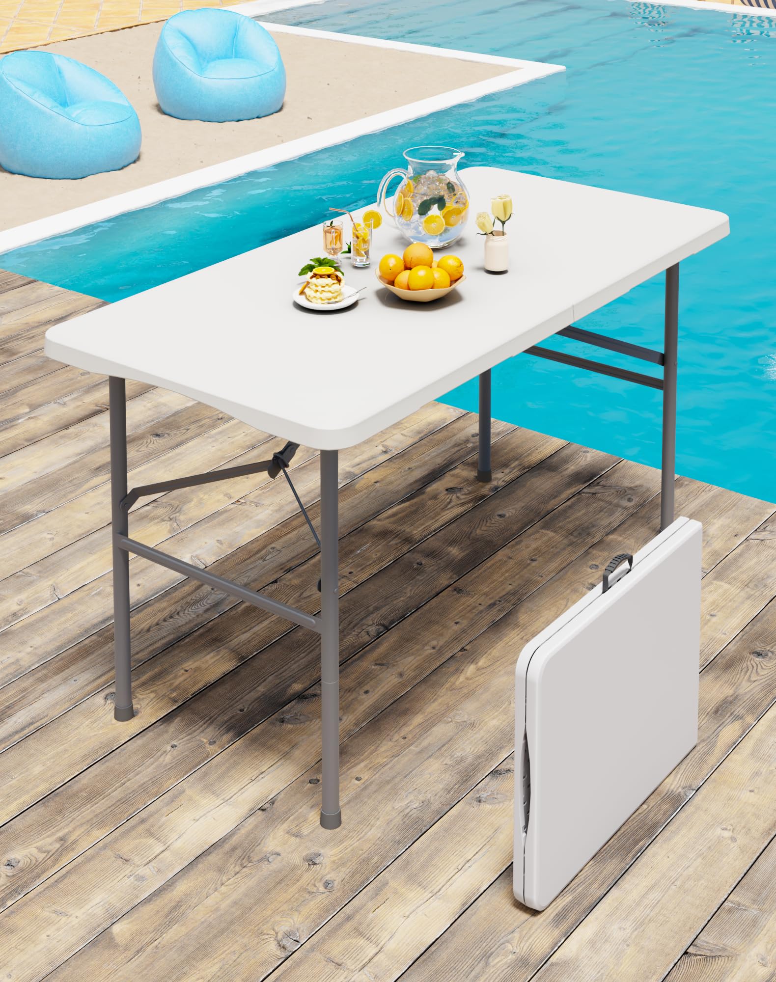 4FT White Folding Table for Outdoor, 4 Foot Picnic Tables No Assembly Required Portable, White Foldable Table for Campin