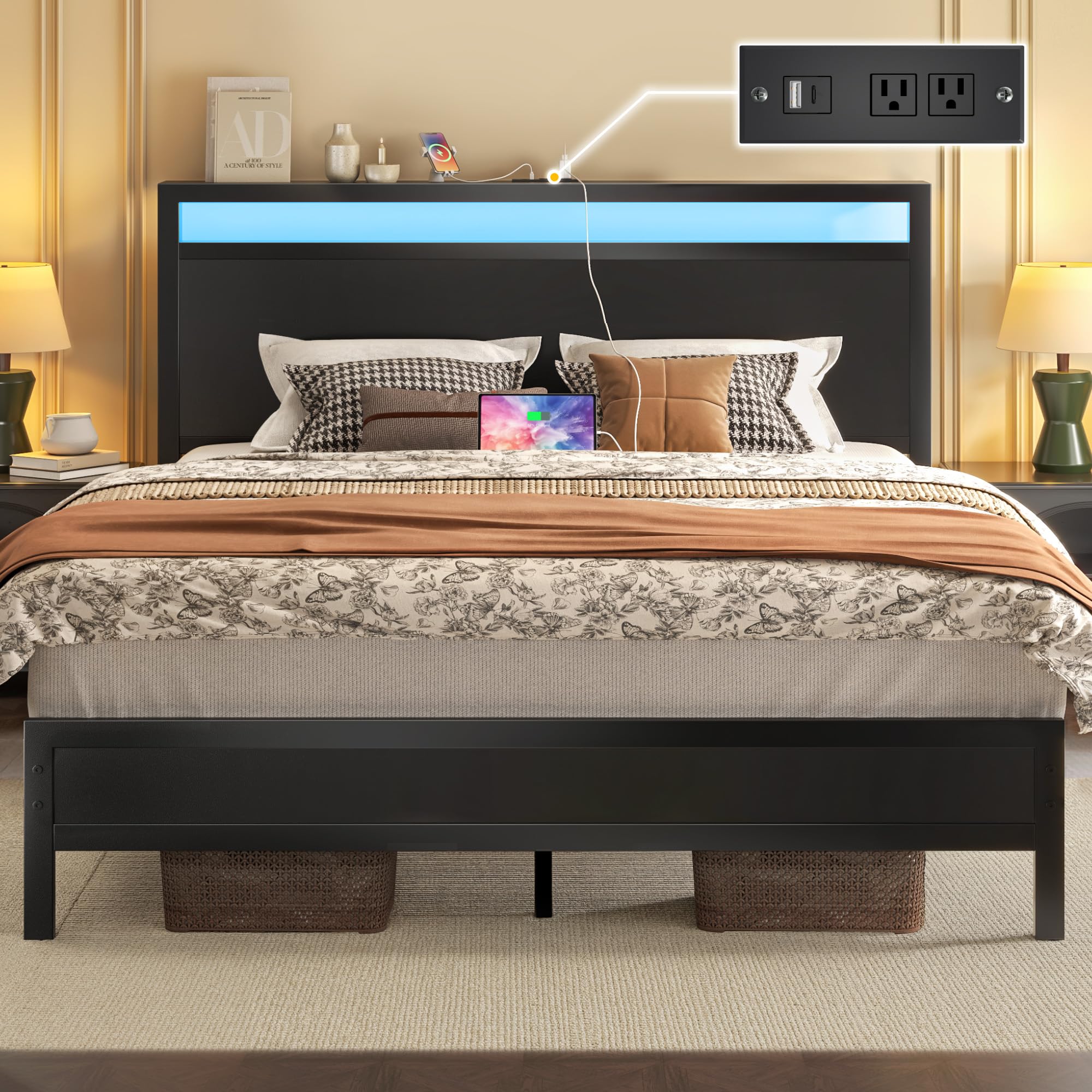 Fluest Queen Bed Frame with Headboard & Footboard, Bed Frame with Built-in Charging Station & LED Li