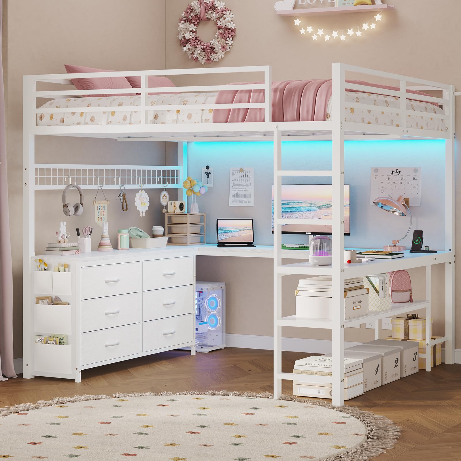 ADORNEVE Loft Bed Full Size with U-Shaped Desk, 6 Storage Drawers, Power Outlet, LED Metal Loft Bed 