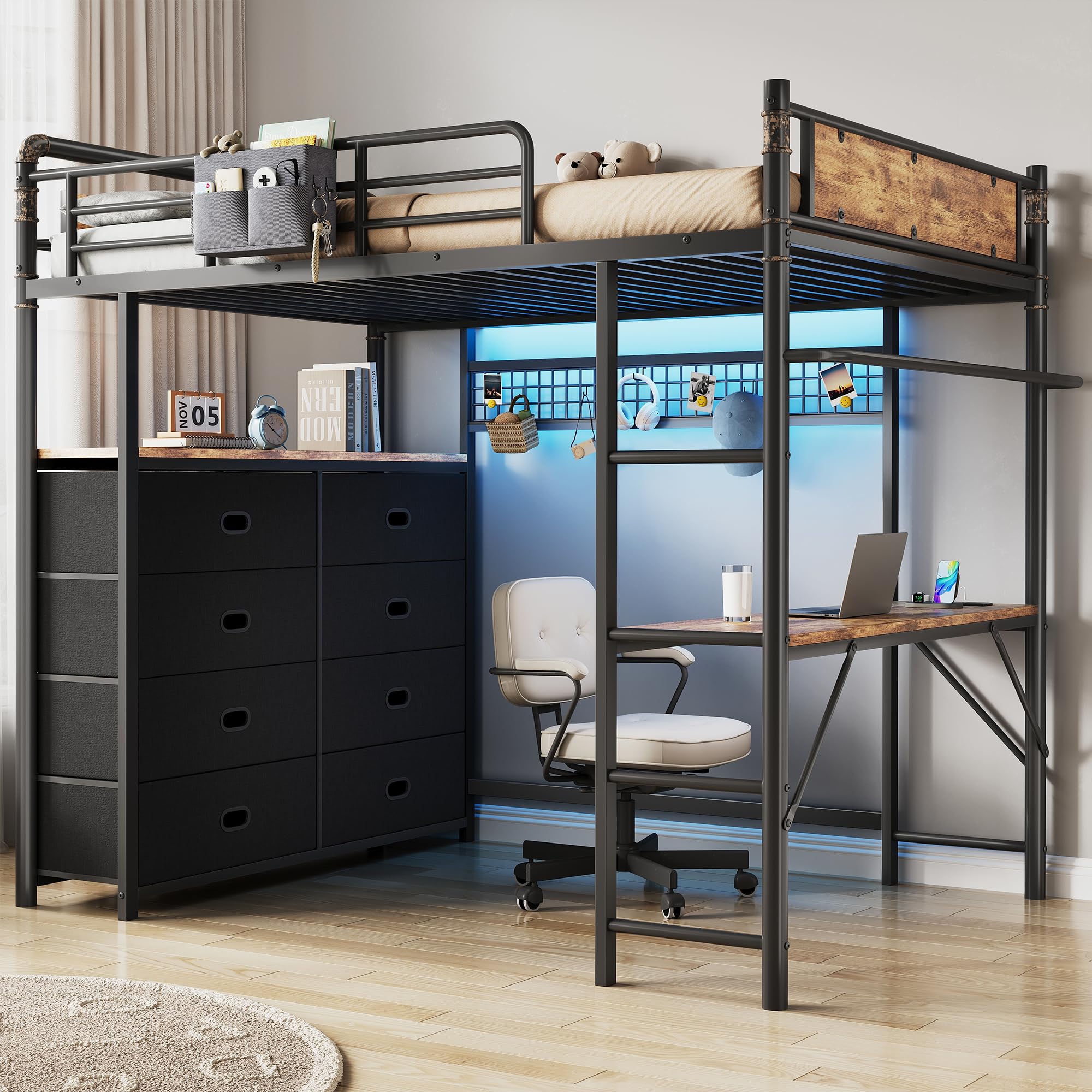 Twin Loft Bed with Desk and 8 Storage Drawers, Metal Loft Bed Twin Size with LED Lights & Charging S