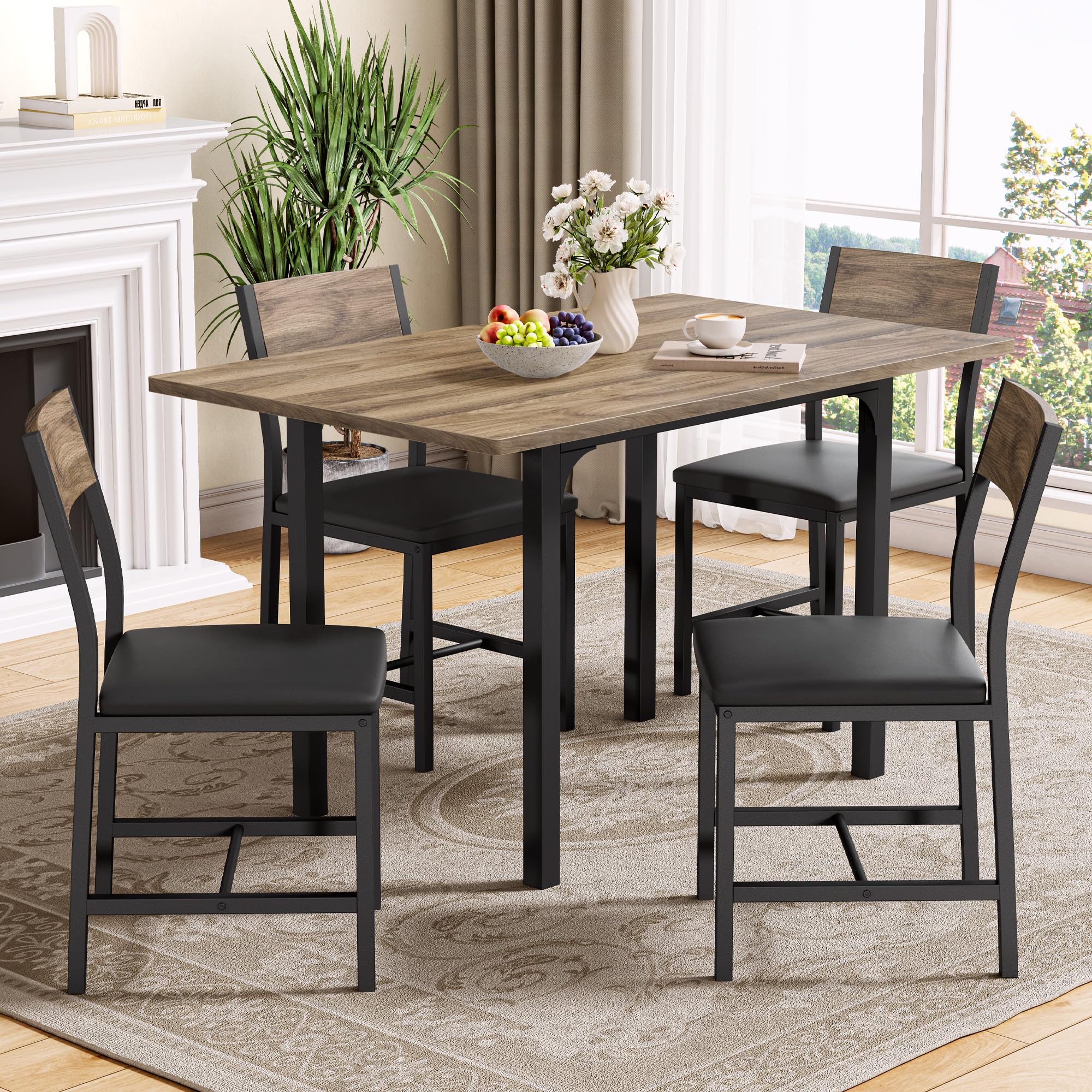 IRONCK 5-Piece Dining Table Set for 4, Extendable Kitchen Table Chairs Set of 4, Dining Room Table w