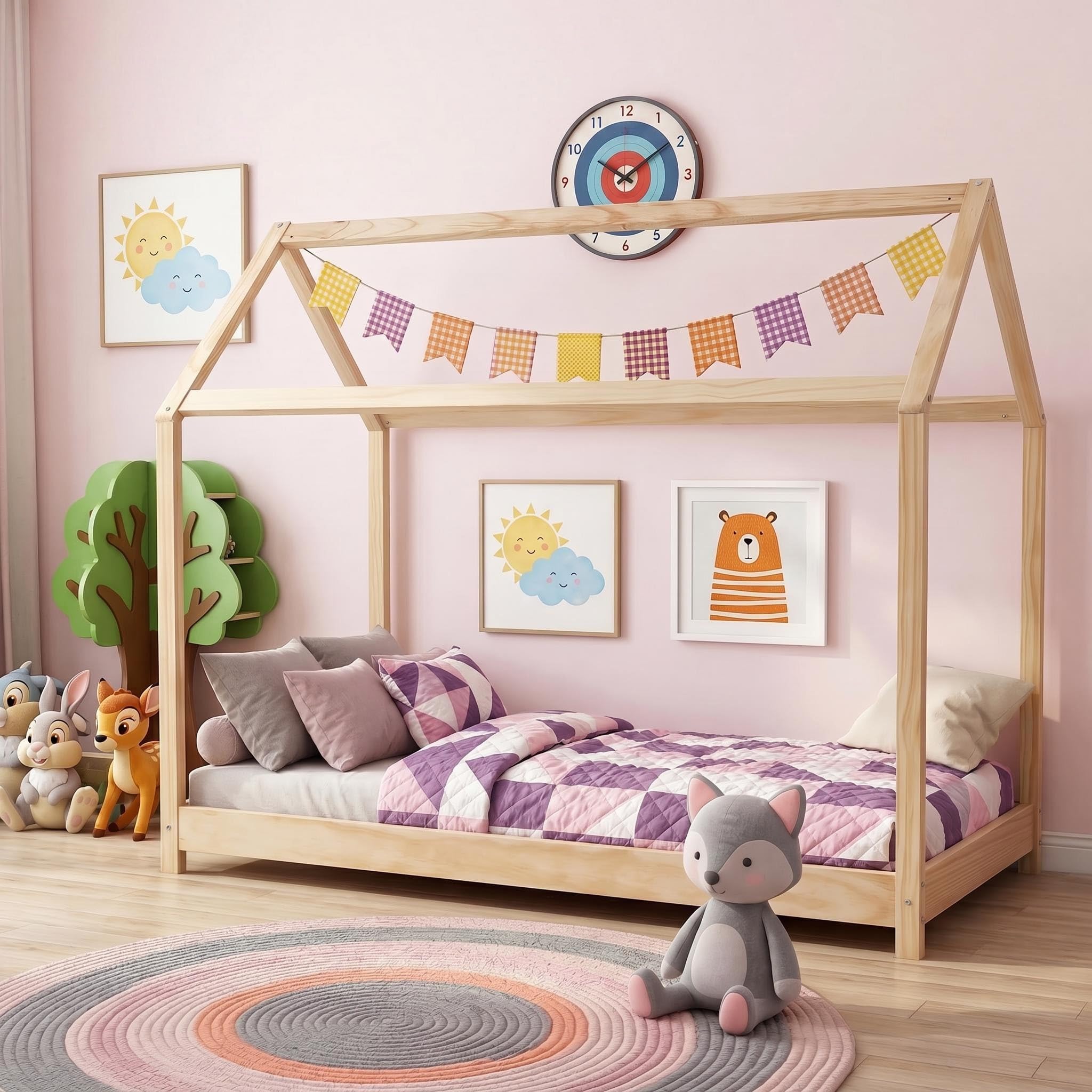 Panana Wooden Kids House Bed Frame, Solid Pine WoodTreehouse Style Childrens Floor Bed Frame for Toddlers and Children (