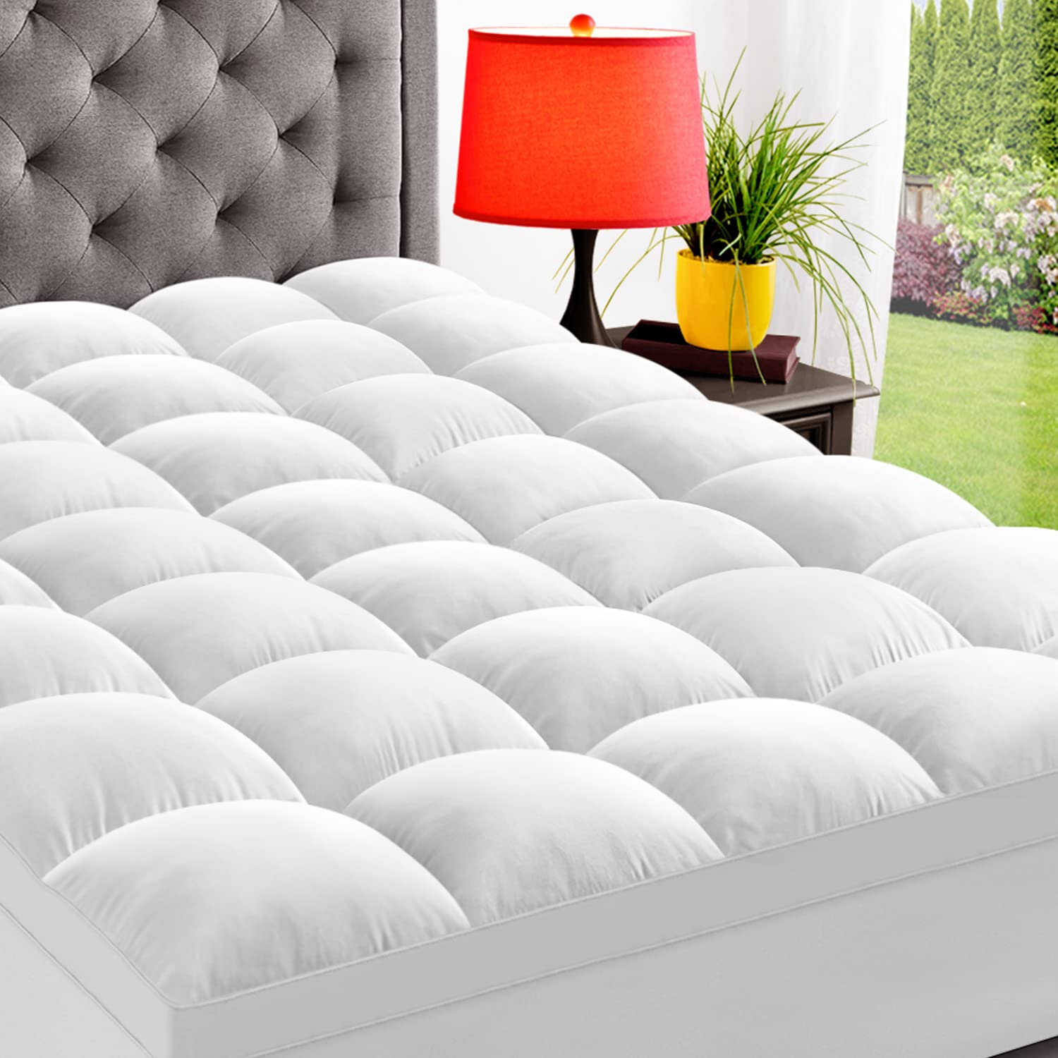 ELEMUSE Queen Mattress Topper for Back Pain, Extra Thick Mattress Pad Cover, Plush Soft Pillowtop wi