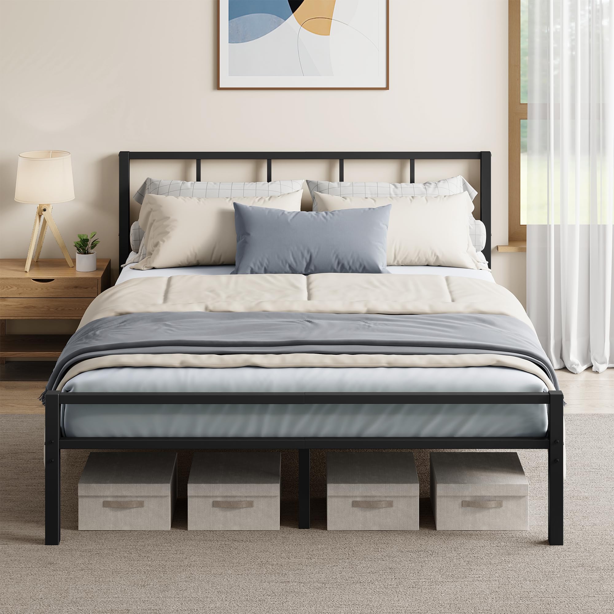 VASAGLE Double Bed Frame, 135 x 190 cm, with Slats and Headboard, Metal Platform Bed, Supports Up to