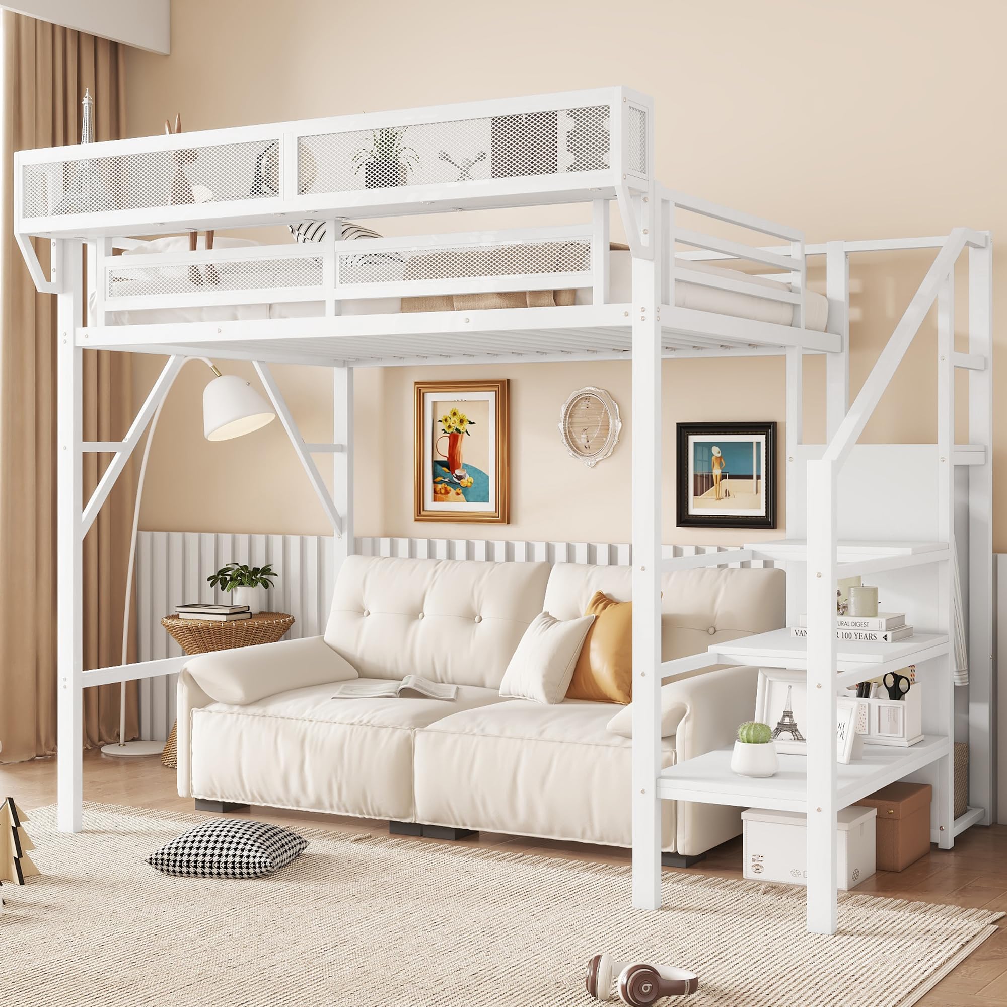 KEIKI Metal Mezzanine Bed Frame with Convertible Staircase, Storage Shelves and Cabinet, Mezzanine B