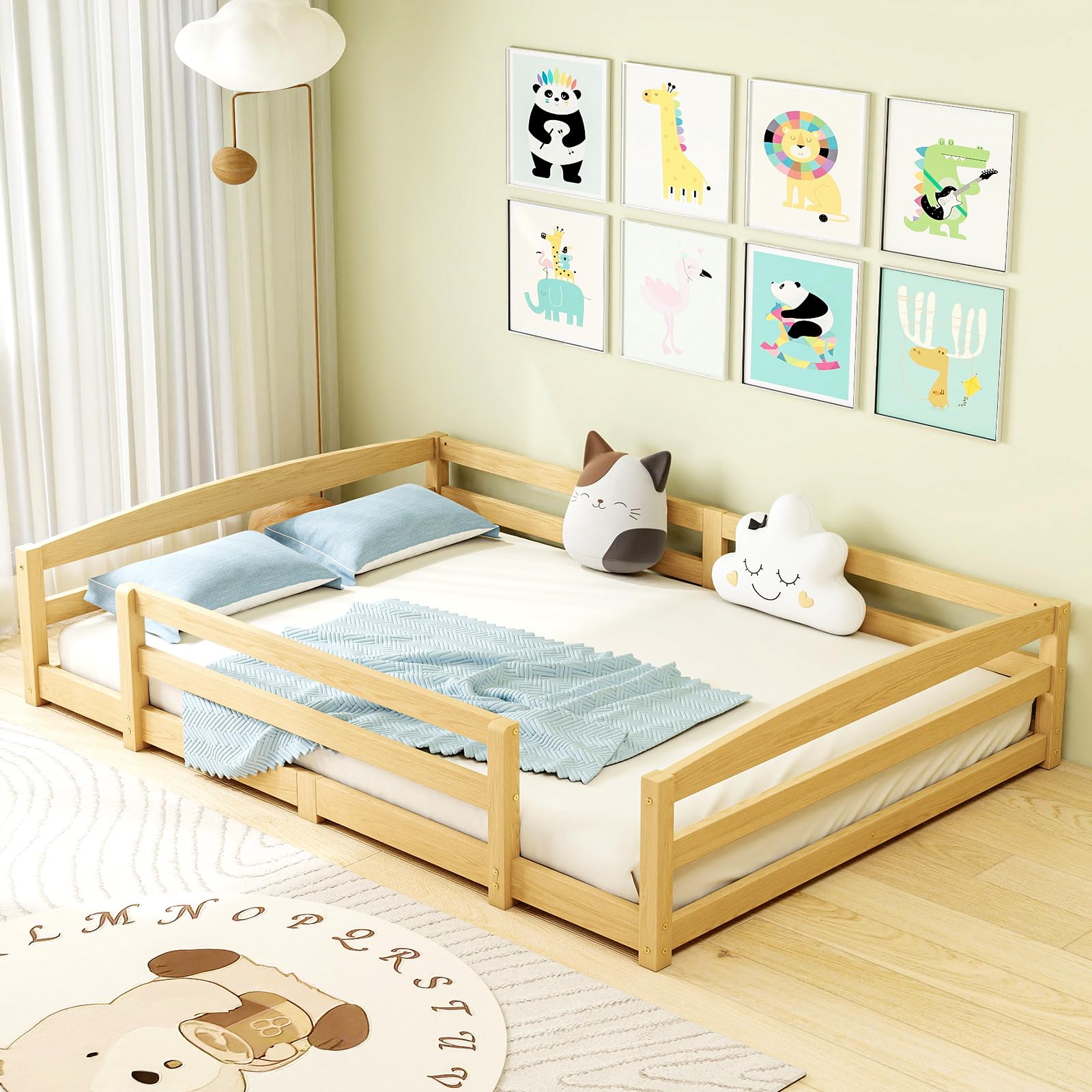 190 x 135 cm Toddler Floor Bed, Fits UK Double Mattress, Montessori Inspired Low Frame with Safety R